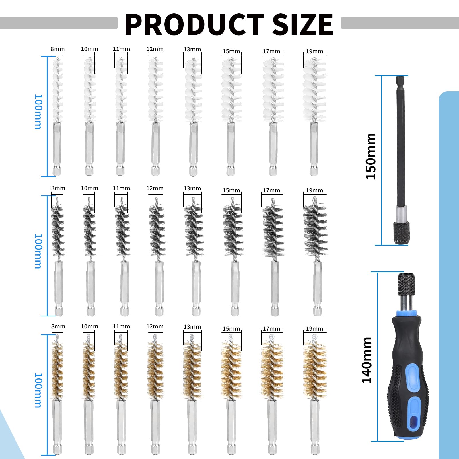 SWAWIS 38 Pièces Nettoyage Puit Injecteur Acier Inoxydable / Nylon / Laiton ø8-19 mm Jeu de Brosses Avec Rallonge de 150 mm Idéal Pour le Nettoyage et le Déburrage