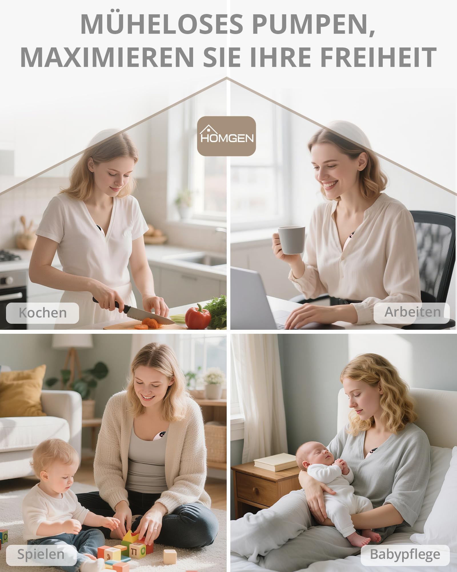 HOMGEN Milchpumpe 2 Stück Elektrische Brustpumpe Tragbare Milchpumpe mit 4 Modi, 12 Stufen,Hands-Free LED-Anzeige, Ultra-Leise, Tragbare Drahtlose Brustpumpe mit 24/21/19mm Flanschen für Mütter
