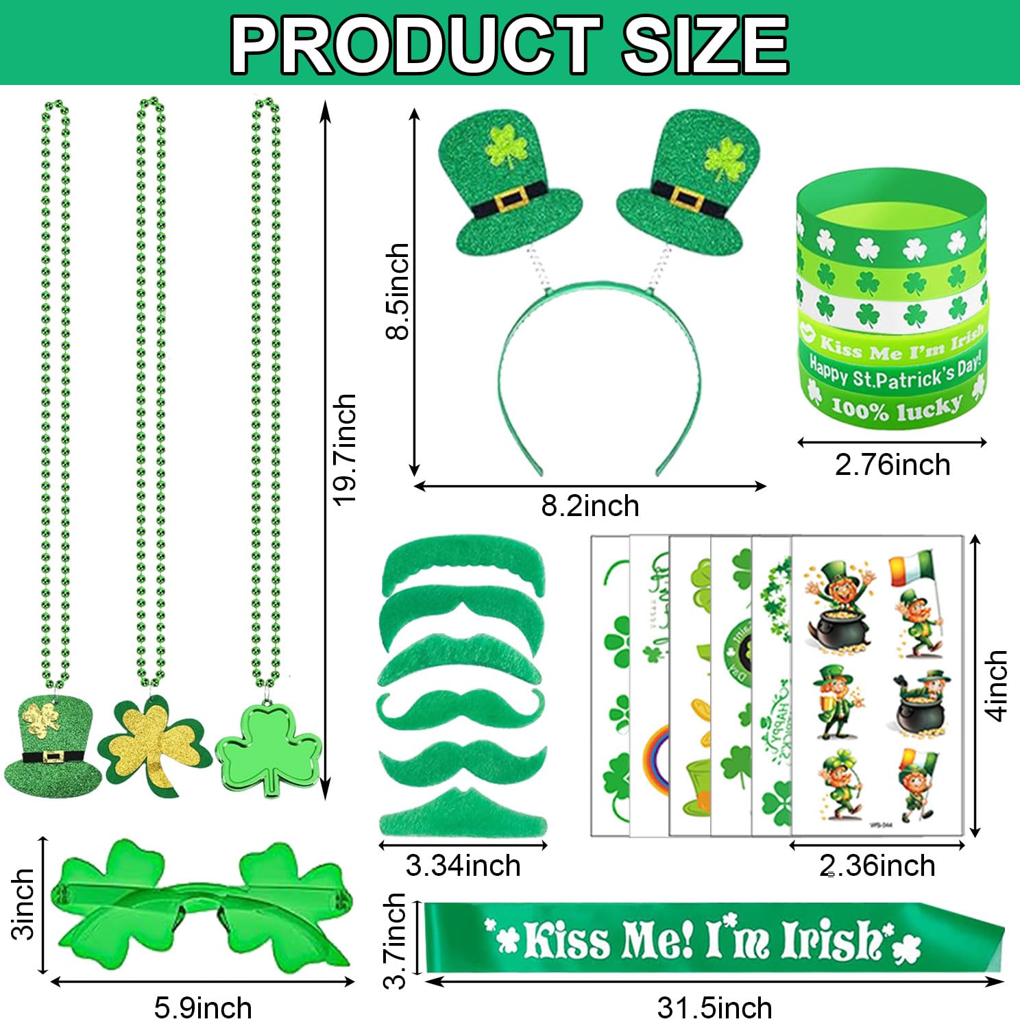68Pcs St Patricks Day Accessories Party Supplies Set, Headband Glasses Beads Necklaces Tattoo Stickers for St Patricks Day Costume Party - 3
