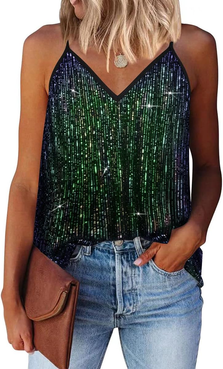 RITERA Plus Size Sequin Tank for Women V Neck Shimmer Sleeveless Tops Glitter Party Spaghetti Sparkle Camisole XL-5XL