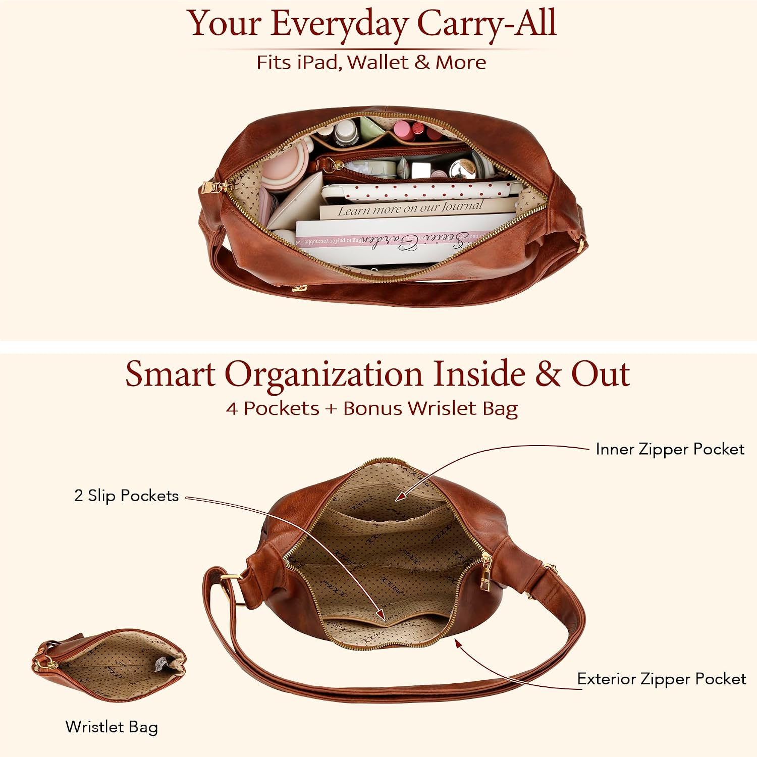 KKXIU Slouchy Hobo Bags for Women - Ultra Soft Foldable Shoulder Handbag Vegan Leather Tote Purse with Reinforced Zipper