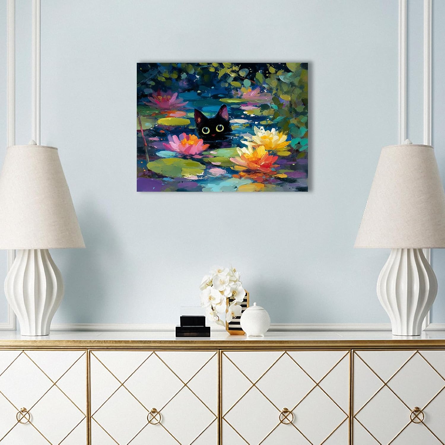 GDSRGXC Cute Black Cat Canvas Wall Art Print, Colorful Water Lily Pond Painting Modern Impressionist Style Home Decor for Living Room Bathroom Kid's Room (16''x24'')