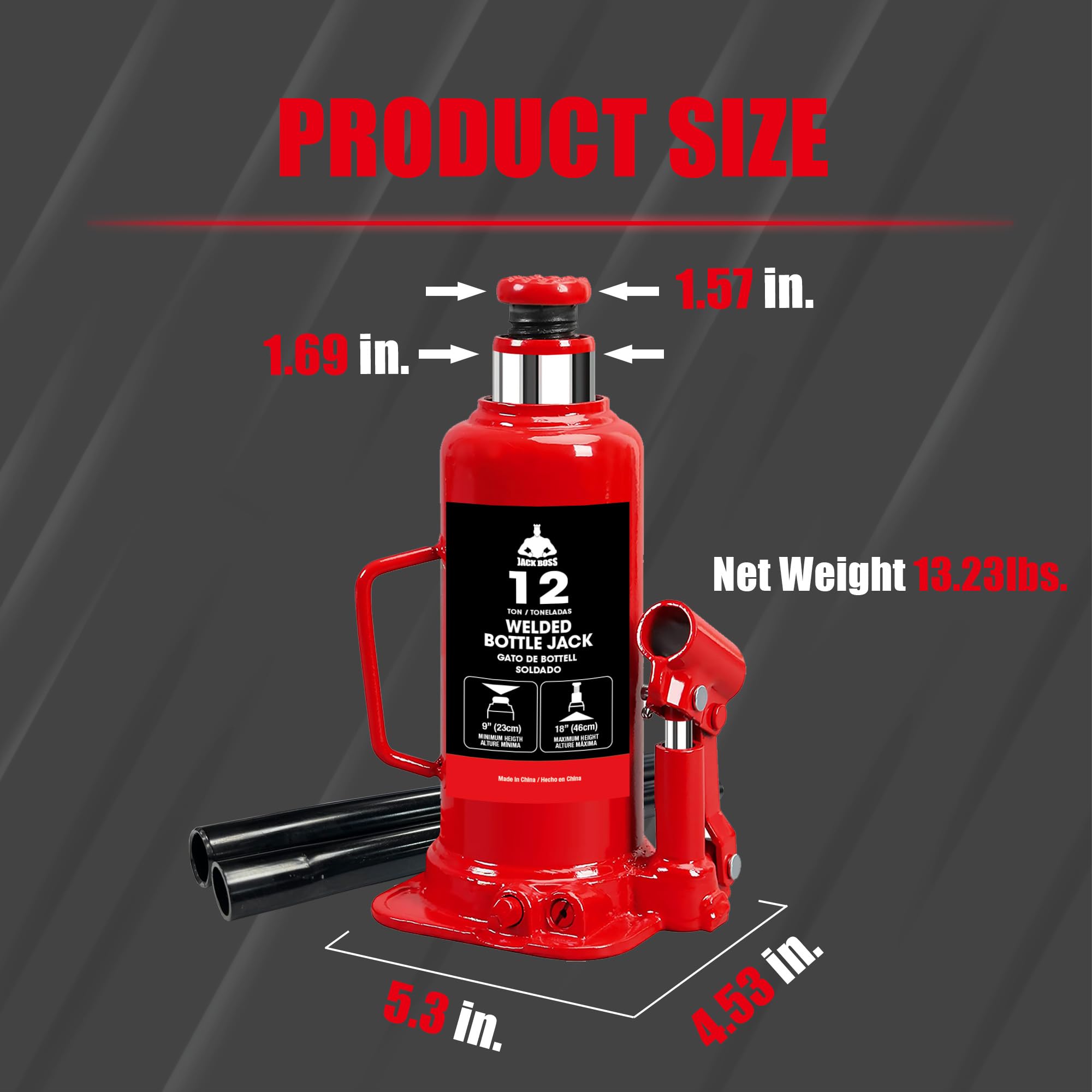 JACK BOSS Cric bouteille hydraulique de 12 tonnes (12 kg) pour réparation de camion et élévateur domestique, rouge