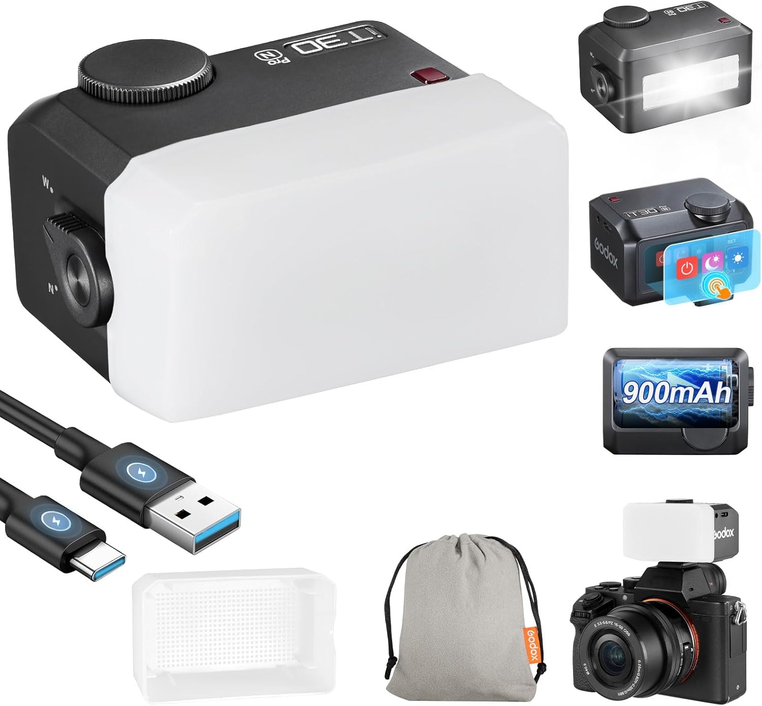 GODOX IT30ProN TTL Mini Flash Kit with White Diffuser IT30 Pro N for Nikon 2.8" Full-Color Touchscreen Speedlite HSS 1/8000s 2.4G Wireless X System 900mAh Built-in Lithium Battery(Black)