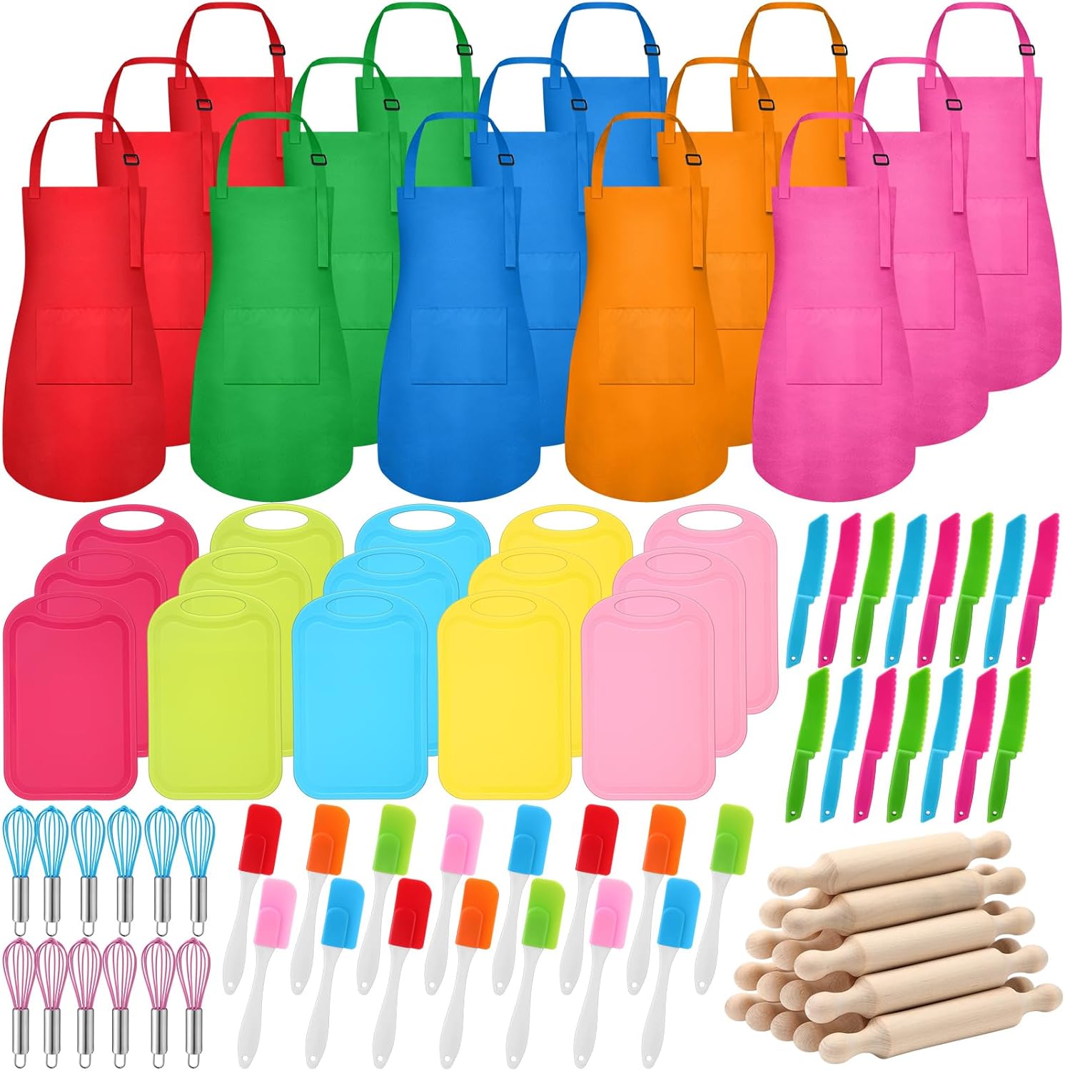90 Pcs Kids Cooking Set Bulk for Real Food Making Kitchen Baking Tools Supply Fruit Knife Cutting Board Adjustable Children Aprons Egg Beater Spatula Rolling Pin Birthday Christmas Utensils Gift
