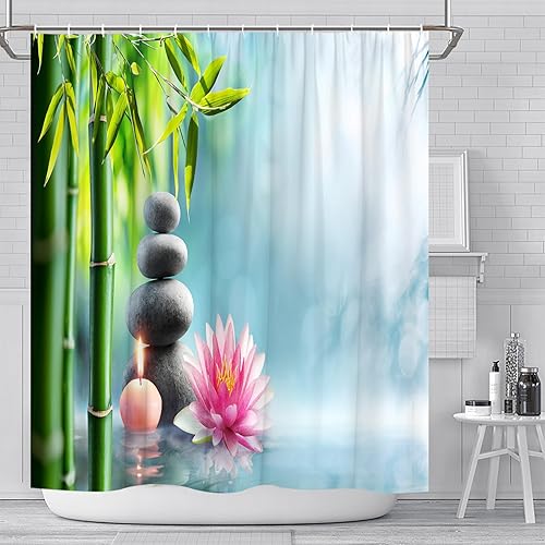 Miniatura 5 de Cortinas de ducha con diseño de paisajes, diseño de flores de bambú verde, flor de loto, decoración de baño, tela de poliéster, juego de cortinas
