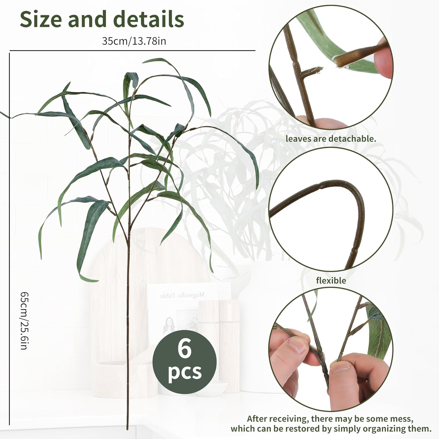 25.6" Artificial Willow Eucalyptus Stems 6 Pack Faux Eucalyptus Branches for Home Decor,Tall Flexible Fake Greenery Eucalyptus for Vase Arrangements in Living Room Bedroom Office (Long Leaves)