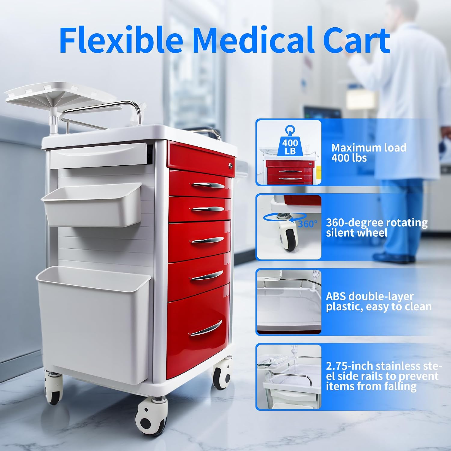 Medical Crash Cart, 5 Drawers with Dividers, Adjustable IV Pole, Silent Casters, Trash Bins, O2 Holder, Needle Disposal Holder, CPR Board – Emergency Rolling Cart for Hospital, Clinic, Nursing Center