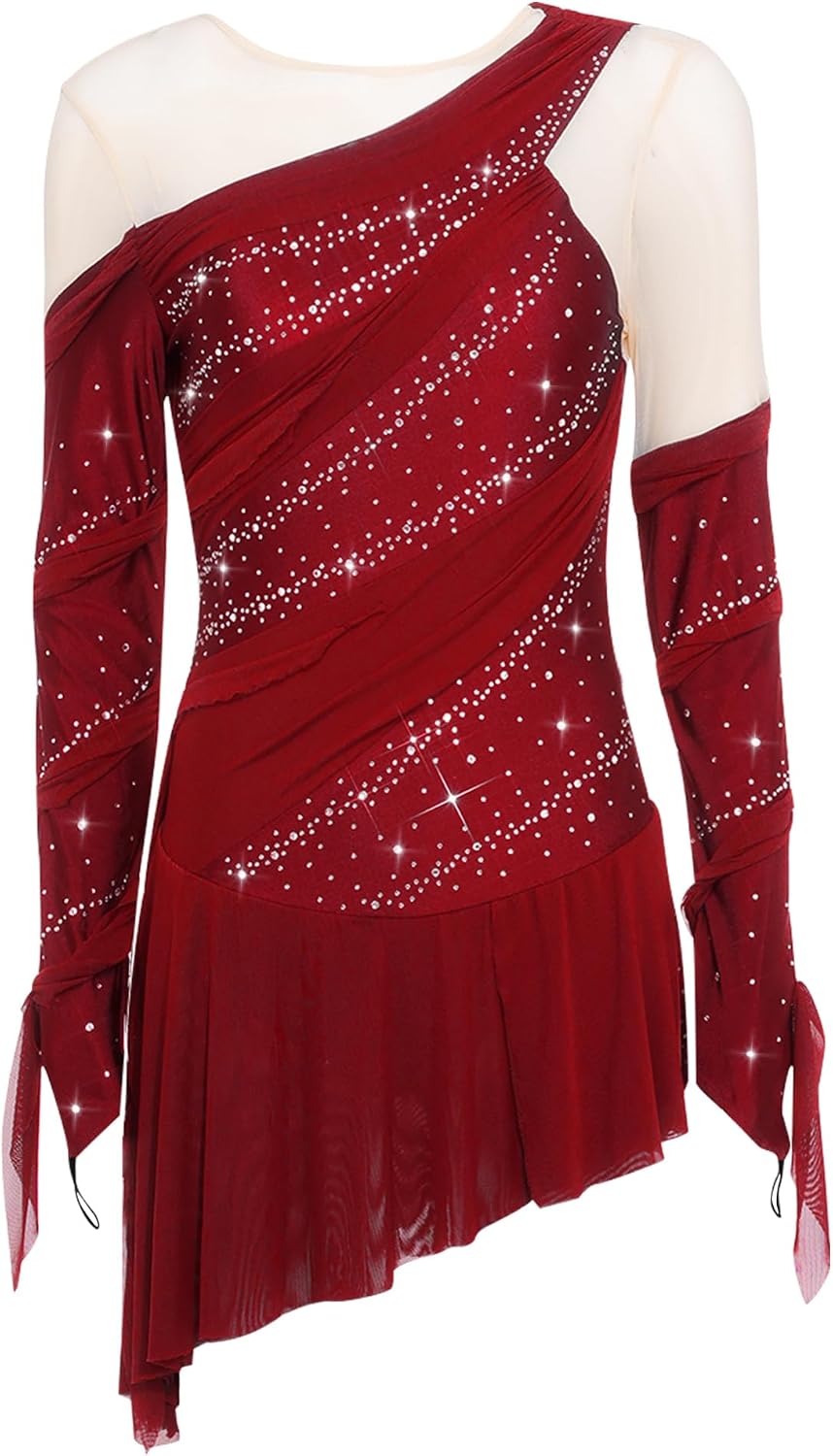 iEFiEL Women Figure Ice Skating Dress Rhinestone Mesh Long Sleeve Leotard for Gymnastic Competition Practice