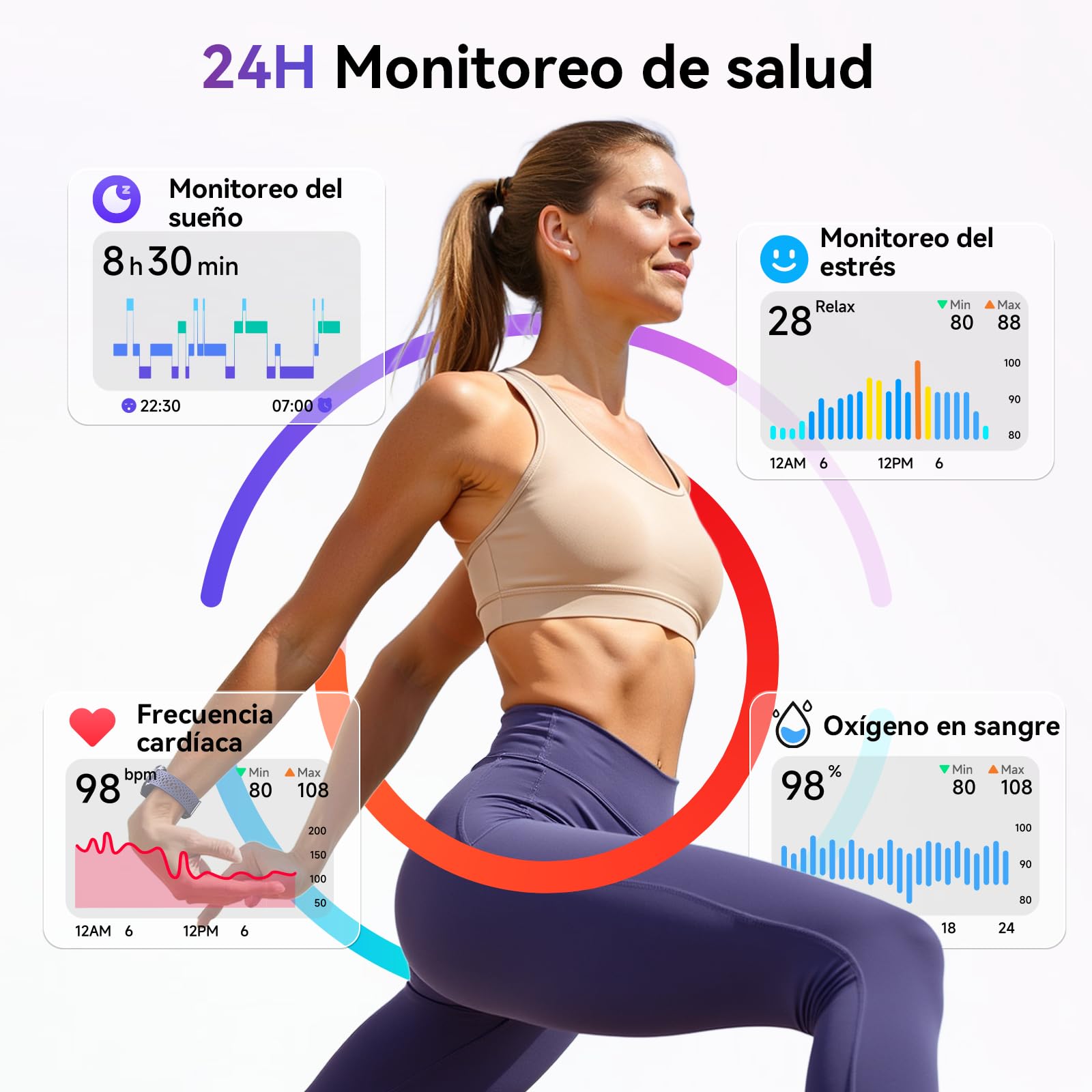 Reloj Inteligente Mujer 1.27" Smartwatch Redondo 2 Correas, Monitor de Sueño Funciones de Salud y Fitness 120+ Modos Deportivos 3ATM Impermeable para iPhone/Samsung/Android Púrpura