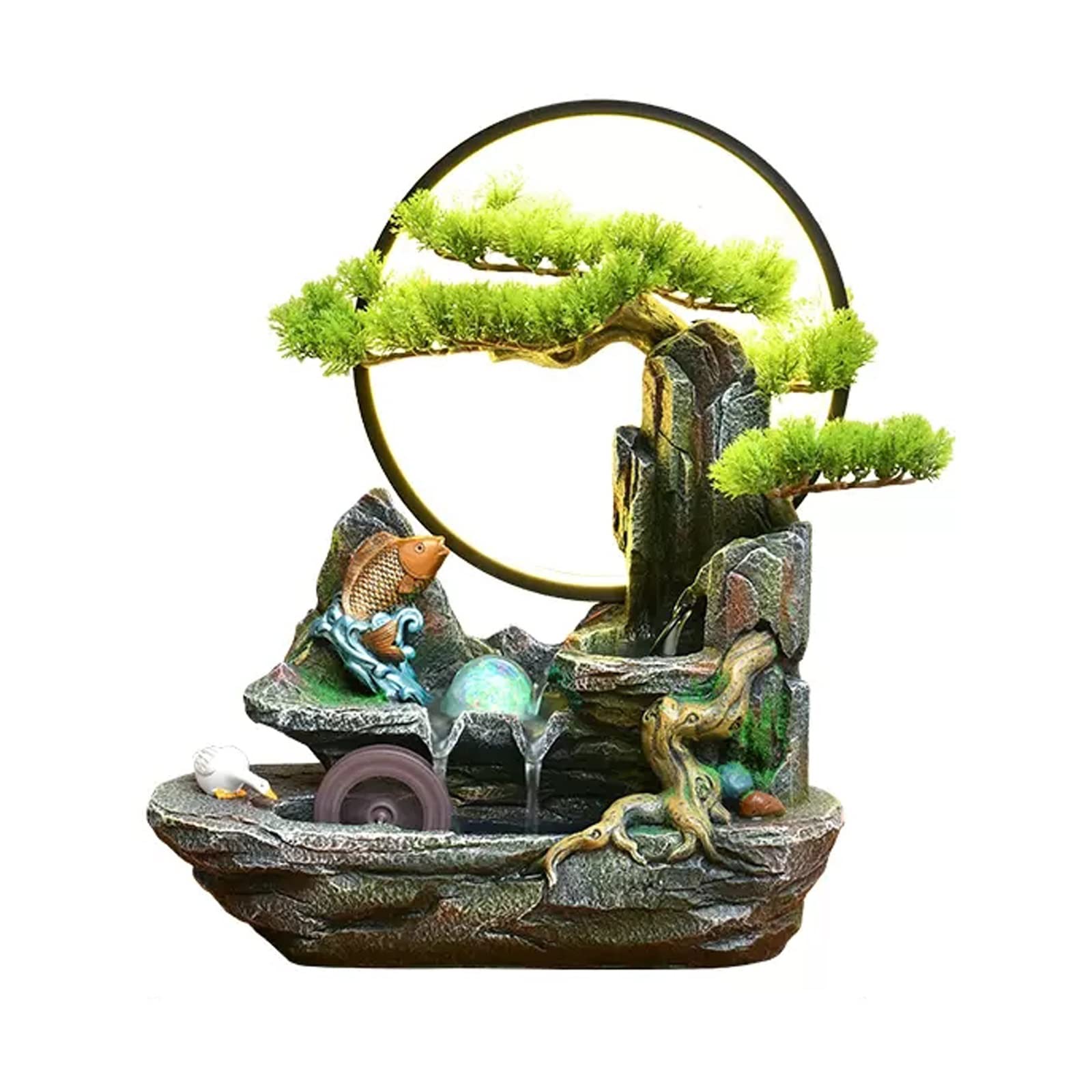 Fuente de mesa Fuente de mesa Cascada de piedra de montaña de resina en cascada con luces LED redondas y árboles falsos Decoración de oficina en el hogar Lámpara de mesa pequeña Fuente de Agua Decorat