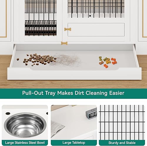 Miniatura 7 de YITAHOME Mueble grande de 65 pulgadas para perros con 2 alimentadores, perrera resistente con almacenamiento para perros pequeñosmedianos, muebles