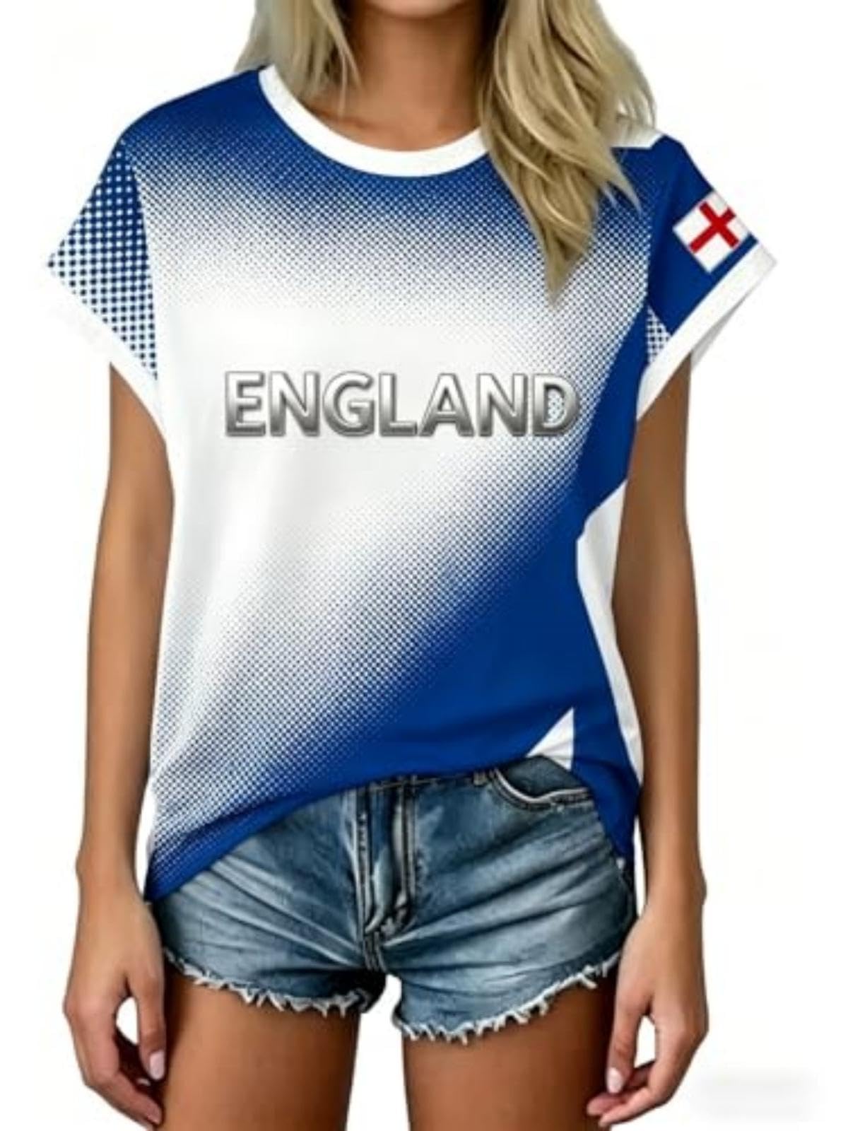 Womens England Football Shirt 2026 World Cup Shirts Clear Printed Lightweight Scotland Football Tops Women Crew Neck Breathable Short Sleeve Comfortable Training Top Stretch Loose Summer Ladies Tops