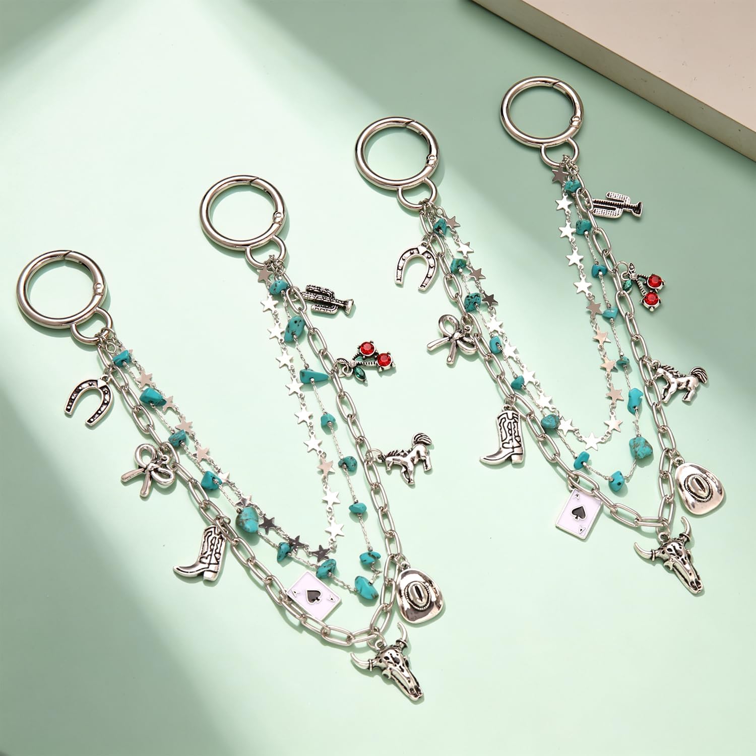 ARATLENCH Western Boot Charms with Turquoise Beads -Boho Vintage Gold Silver Festival Concert Cowgirl Rodeo Boot Chain/Bag Charm Jewelry Accessory