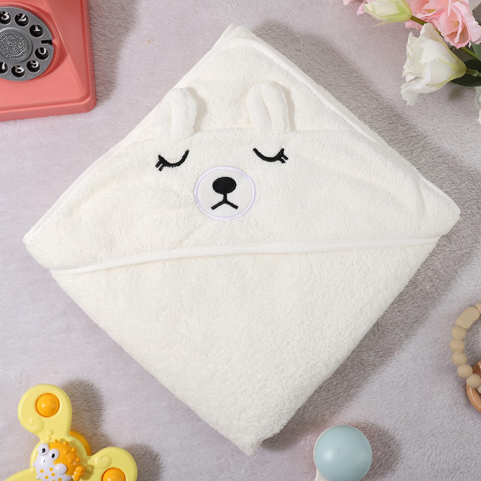 Lvefyti Serviette de bain à capuche pour bébé - 80 x 80 cm - En polaire corail - Pour bébé nouveau-né - Blanc