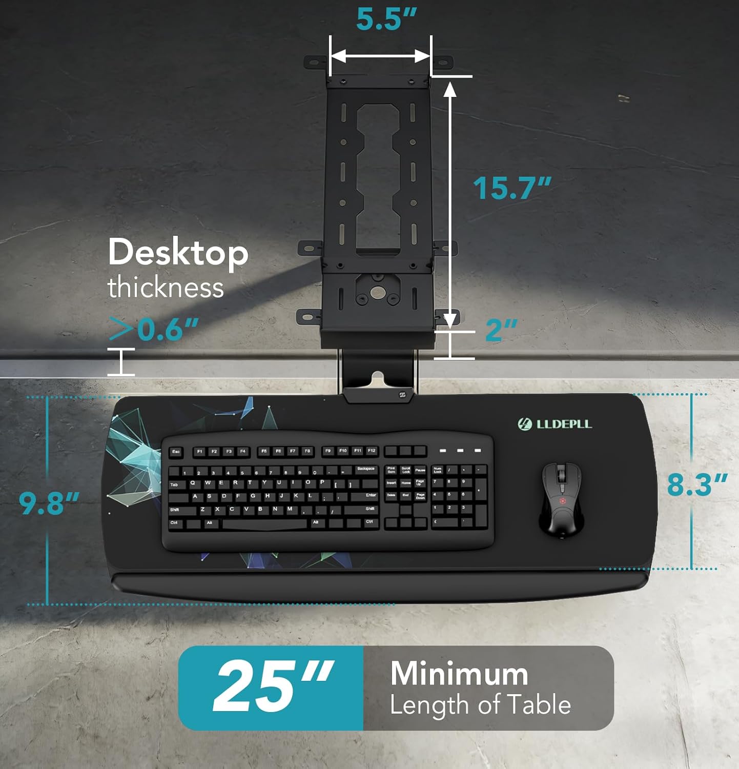 Keyboard Tray Under Desk with Storage Drawer, Height Adjustable Keyboard Tray Slide Out 360° Swivel Tilt, Ergonomic Under Desk Mount Keyboard & Mouse pad Lighting, Black