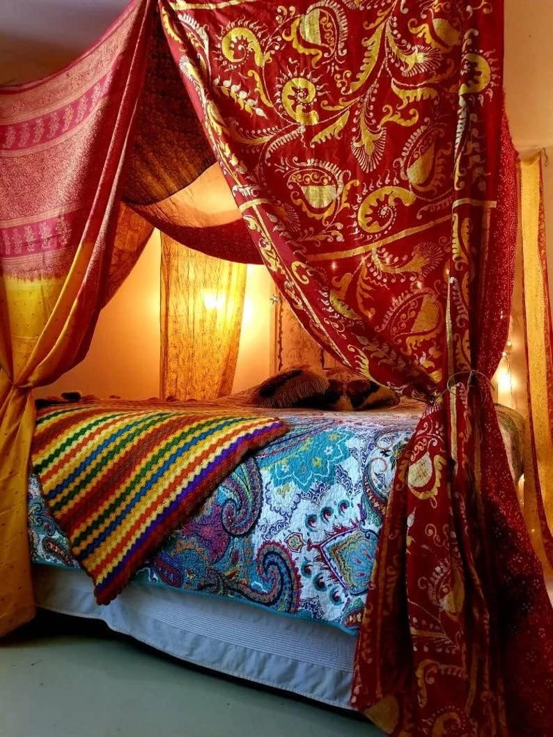 Bed Canopy Curtains Boho in Stock King Queen Size Bohemian red Gold Yellow Boho Decor Silk Sari Saree Curtains Red, Yellow/Gold