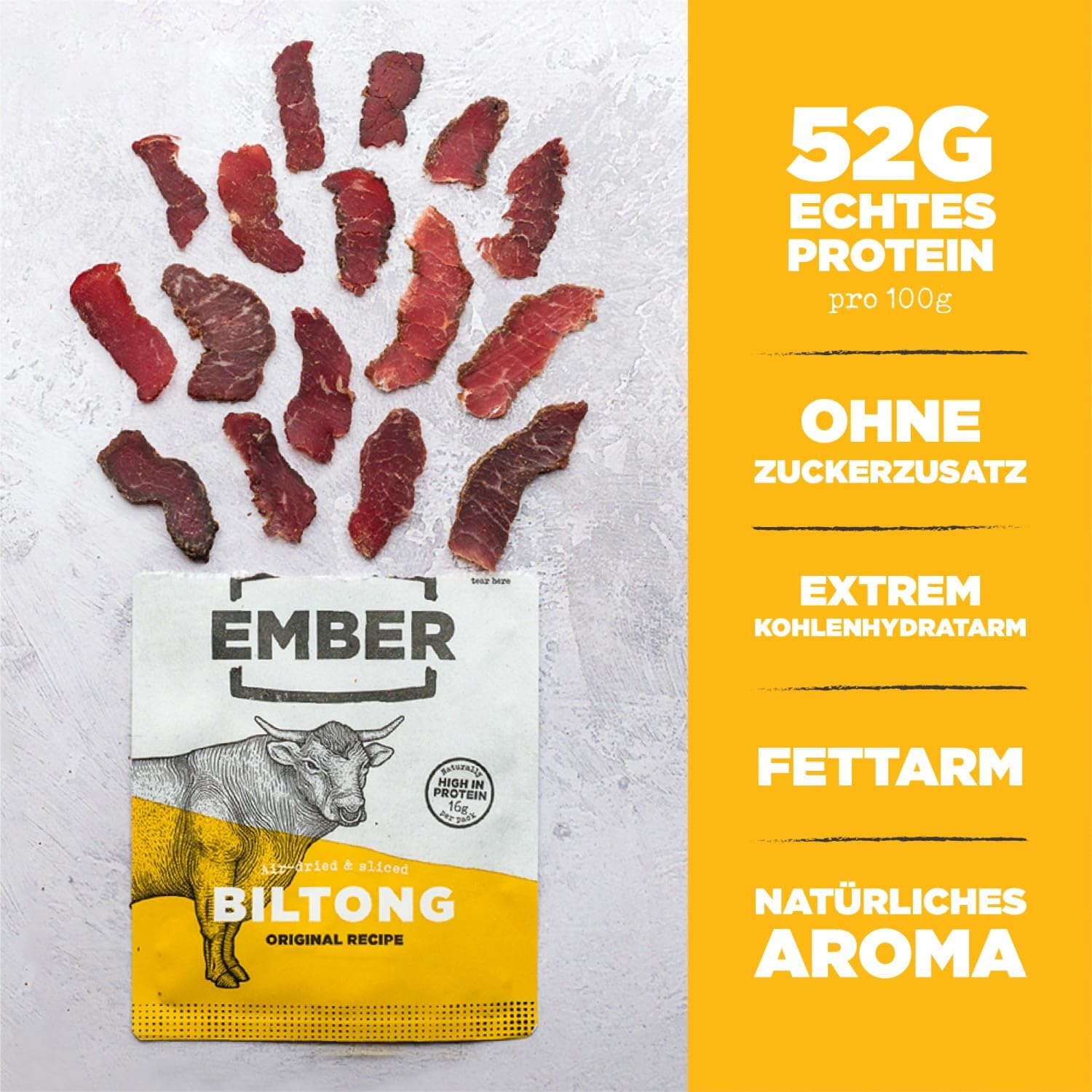 Ember Rindfleisch Biltong Original 360g - Proteinreicher Trockenfleisch Beef Jerky Snack - Fettarm, Keto, ohne Zuckerzusatz, keine Künstlichen Farb- und Aromastoffe - 8 x 45-g-Beuteln