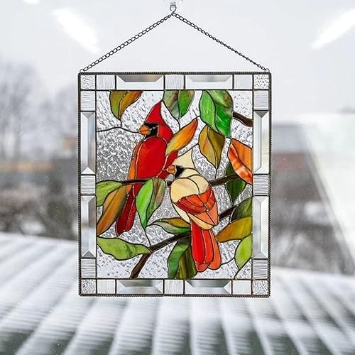 Miniatura 9 de Firlar Panel de vitral cardenal, colgante de vitral de 7.9in, colgante de vitral de colibrí, colgante de vitral para colgar en vitrales, visera