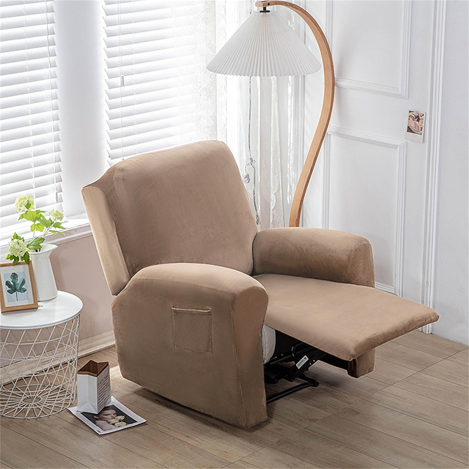 Copripoltrona Relax Reclinabile, Velluto Fodere Poltrona Relax Elasticizzato Copripoltrona 1 Posto con Tasca Copripoltrona Reclinabile Fodere per Poltrone (Cammello)