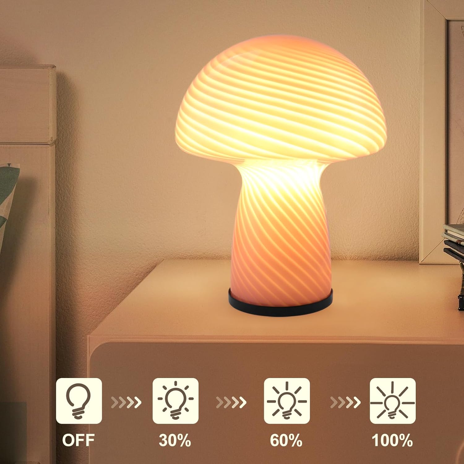 NOTOC Mushroom lamp,Dimmable Glass Table Lamp,Vintage Style Table Lamp,Stripe Pink Bedside Desk lamp,Cute Table Lamps.（LED Bulbs Included）