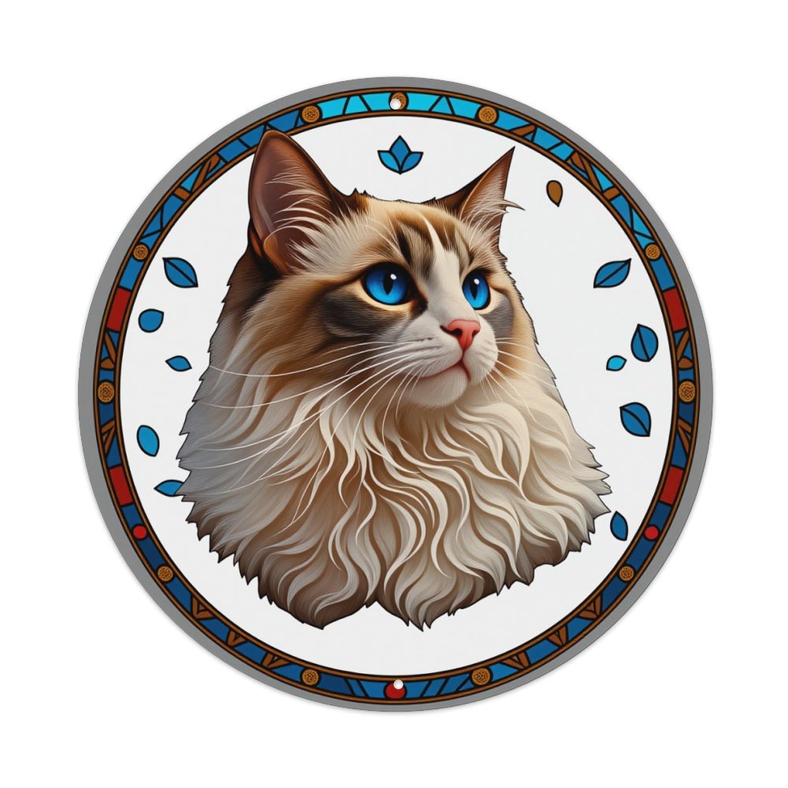 Cat Portrait With Blue Eyes And Decorative Border Round Tin Sign Vintage Style Metal Sign Home Bar Garden Wall Plaque Decor Metal Poster 8x8 Inch