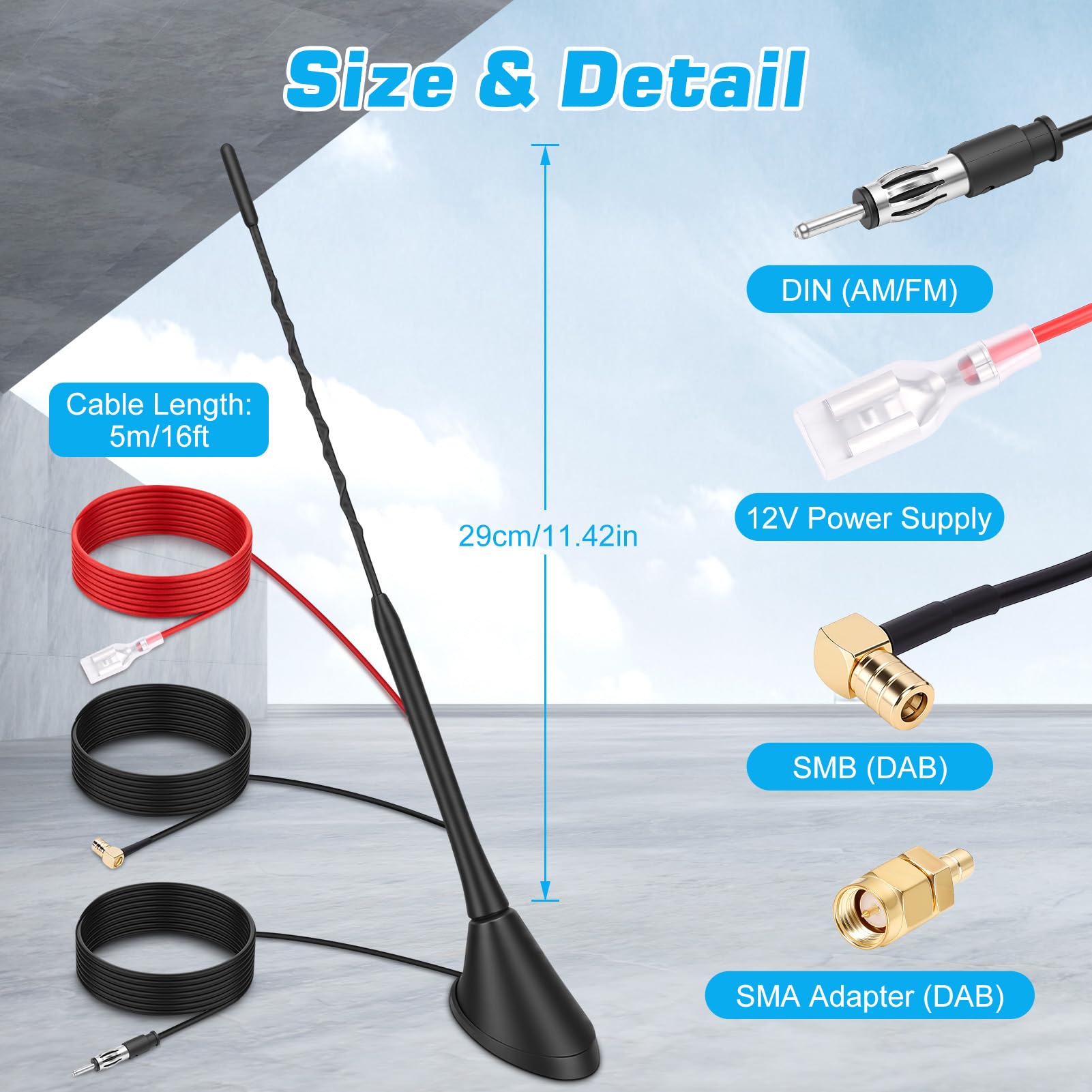 Yosoo Health Gear DAB DAB+ Antenna Auto, Digitale Antenna per Autoradio con 5m Cavo Coassiale, Connettori SMB/SMA e Presa DIN, Amplificatore Divisore Segnale Autoradio
