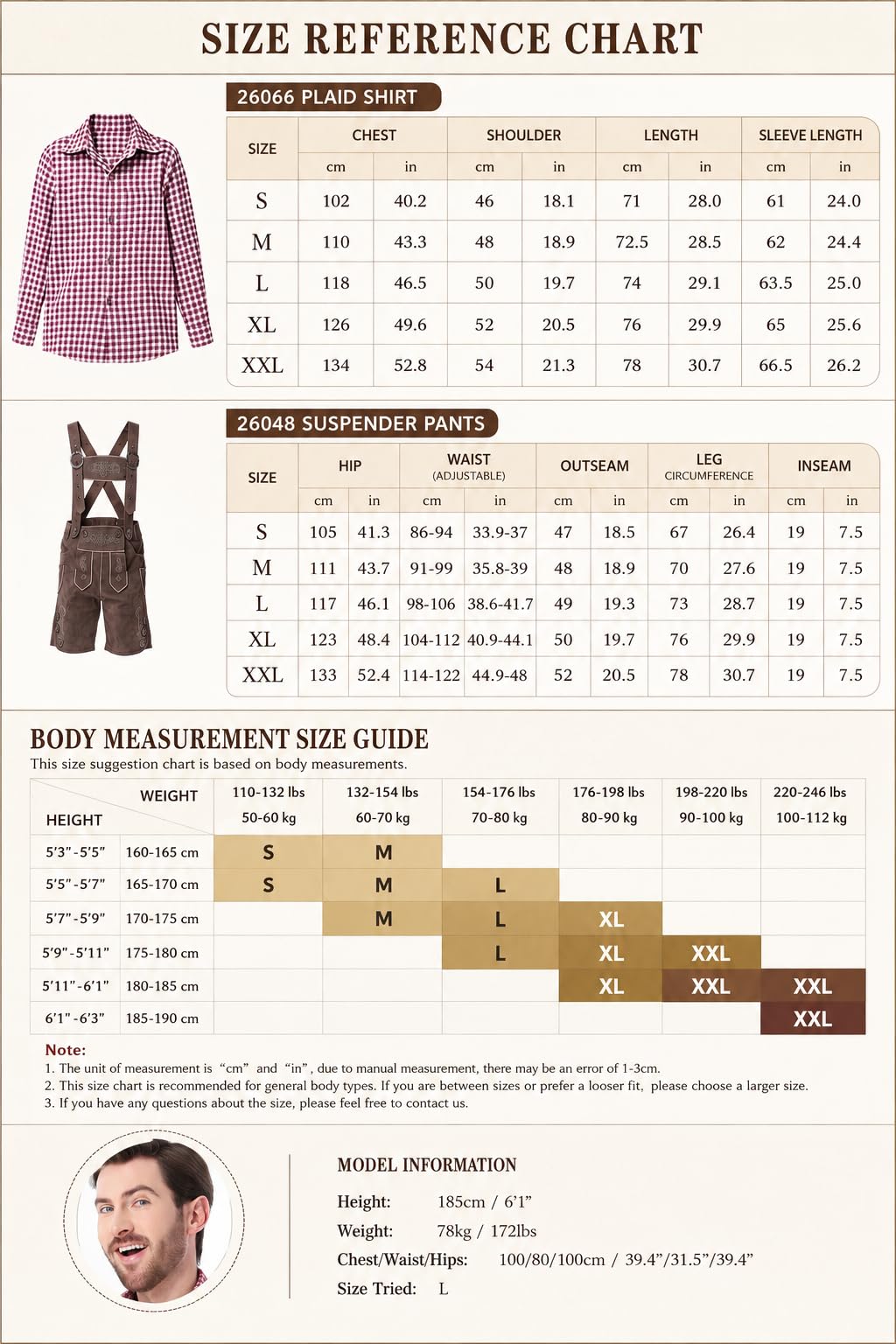 Oktoberfest Herren Trachten Set, Trachtenhose Herren Kurz in Wildleder Optik mit Hosenträgern & Kariertes Trachtenhemd Kurzarm, Bayerisches Wiesn Outfit für Männer