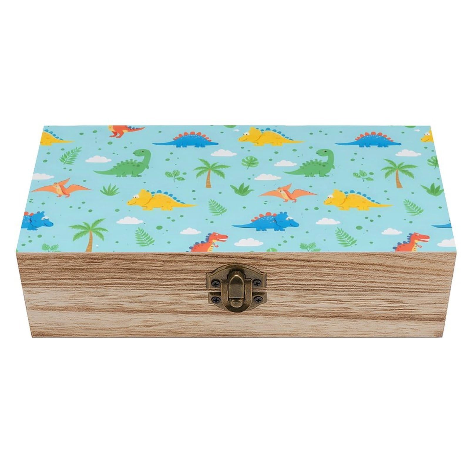 SMAZDFXX Cute Funny Cartoon Dinosaurs Sky Blue Wooden Storage Box With Hinged Lid Decorative Front Clasp Keepsake Boxes