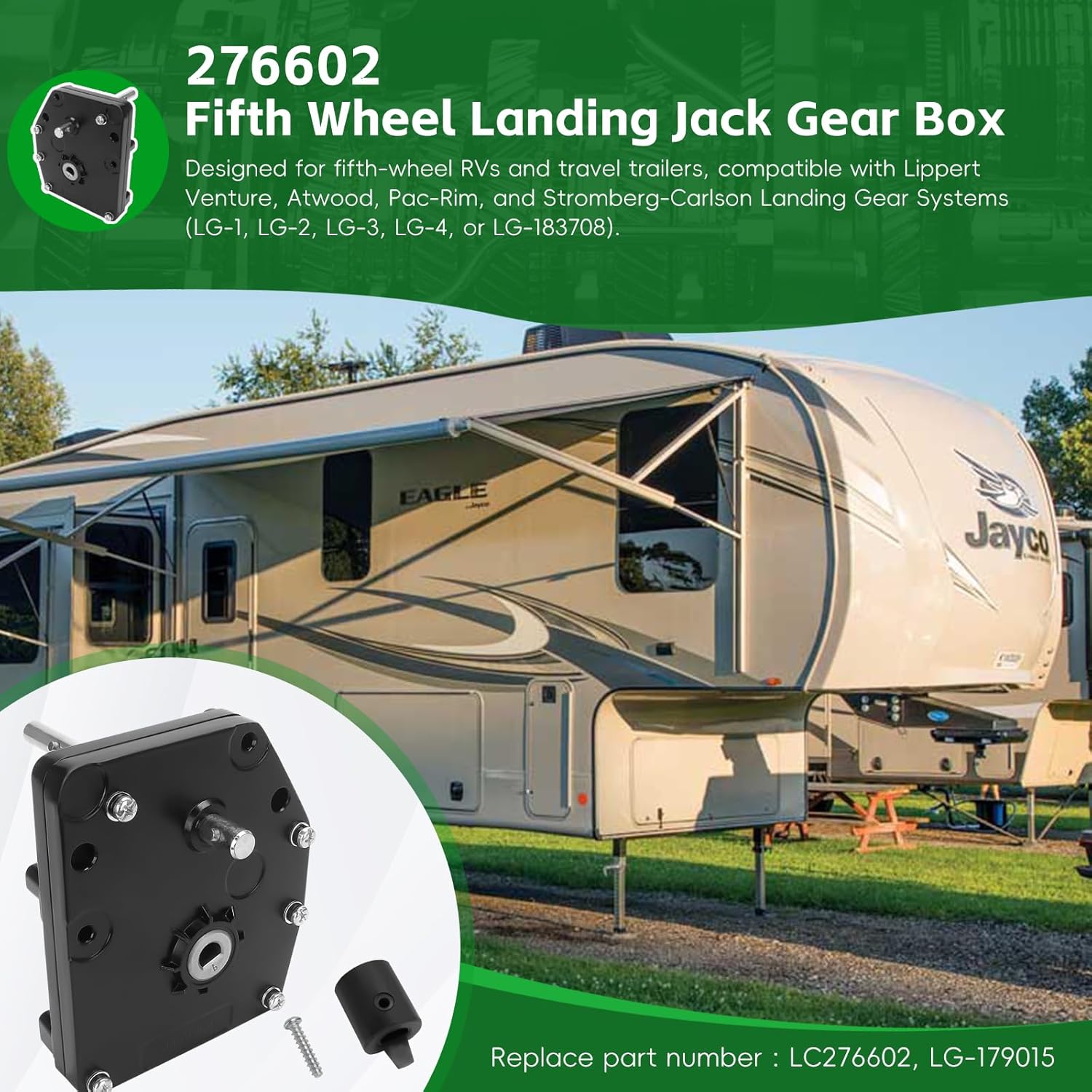 276602 RV Fifth Wheel Landing Jack Gear Box Compatible with Lippert Venture Atwood Pac-Rim Stromberg-Carlson Landing Gear Systems，Replace LC276602 LG-179015 Landing Gear Box