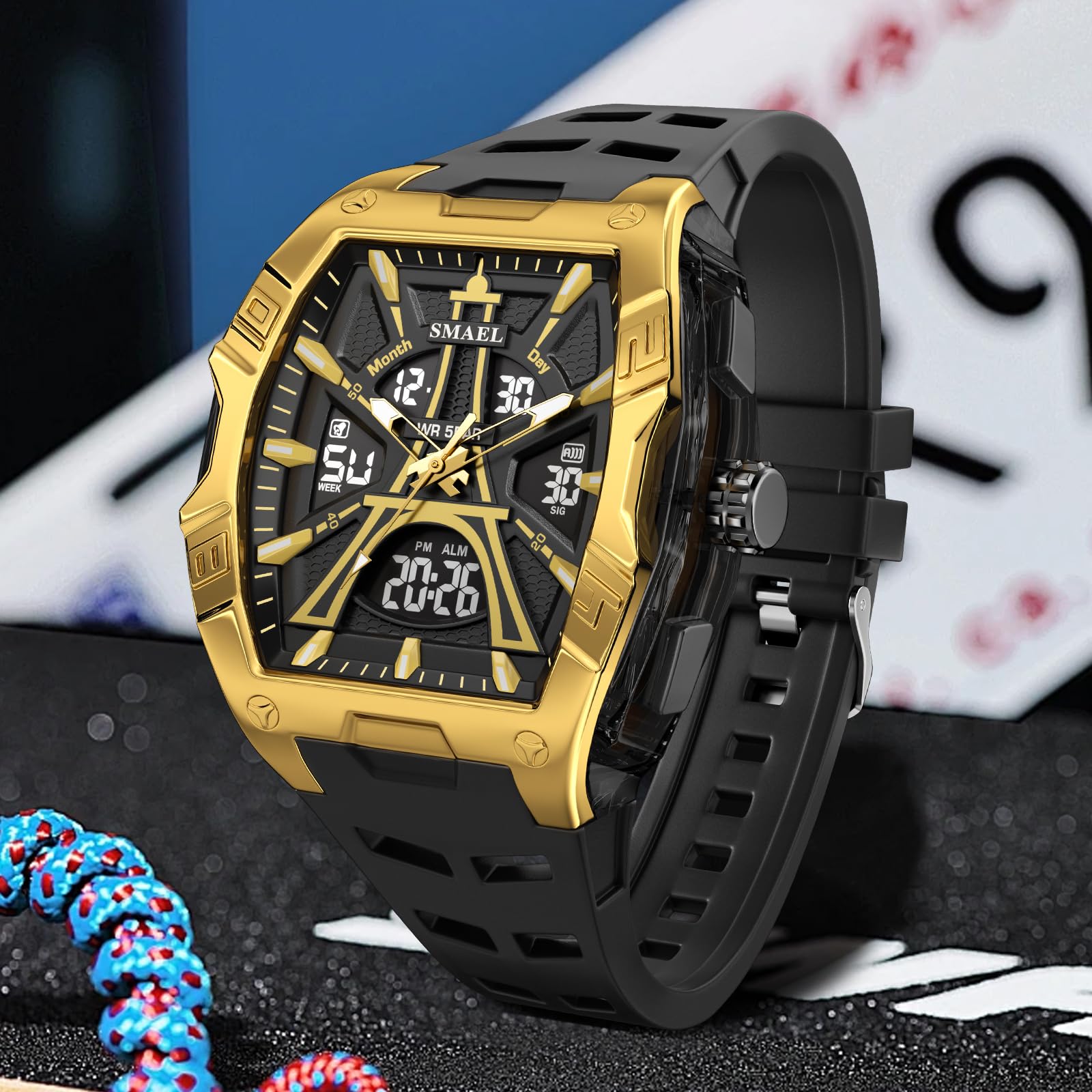 Gosasa Tonneau, orologio sportivo da uomo, alla moda, analogico, digitale, resistente all'acqua fino a 50 m, orologio da polso oversize con retroilluminazione a LED, cronometro, sveglia