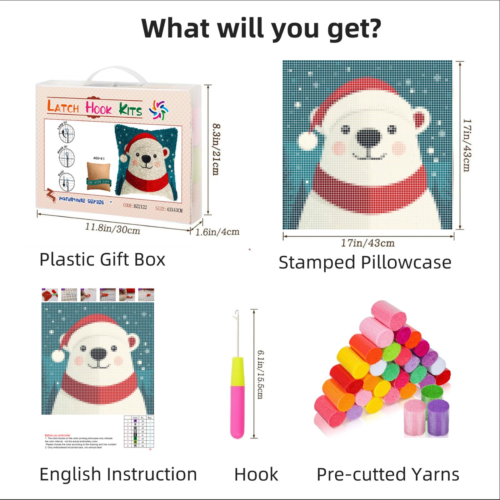 Merry Christmas Polar Bear Latch Hook Pillow Kits for Adults DIY Pillow Cover Printed Pillowcase Crochet Yarns Hooking Handmade Cushion for Home Sofa Decor 17x17inch(15)