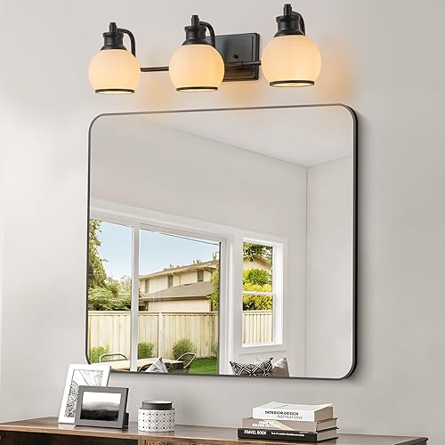 Miniatura 8 de 3 lámparas modernas de baño sobre espejo (bombillas LED incluidas), luces negras para pared de baño con pantallas de cristal de globo blanco lechoso