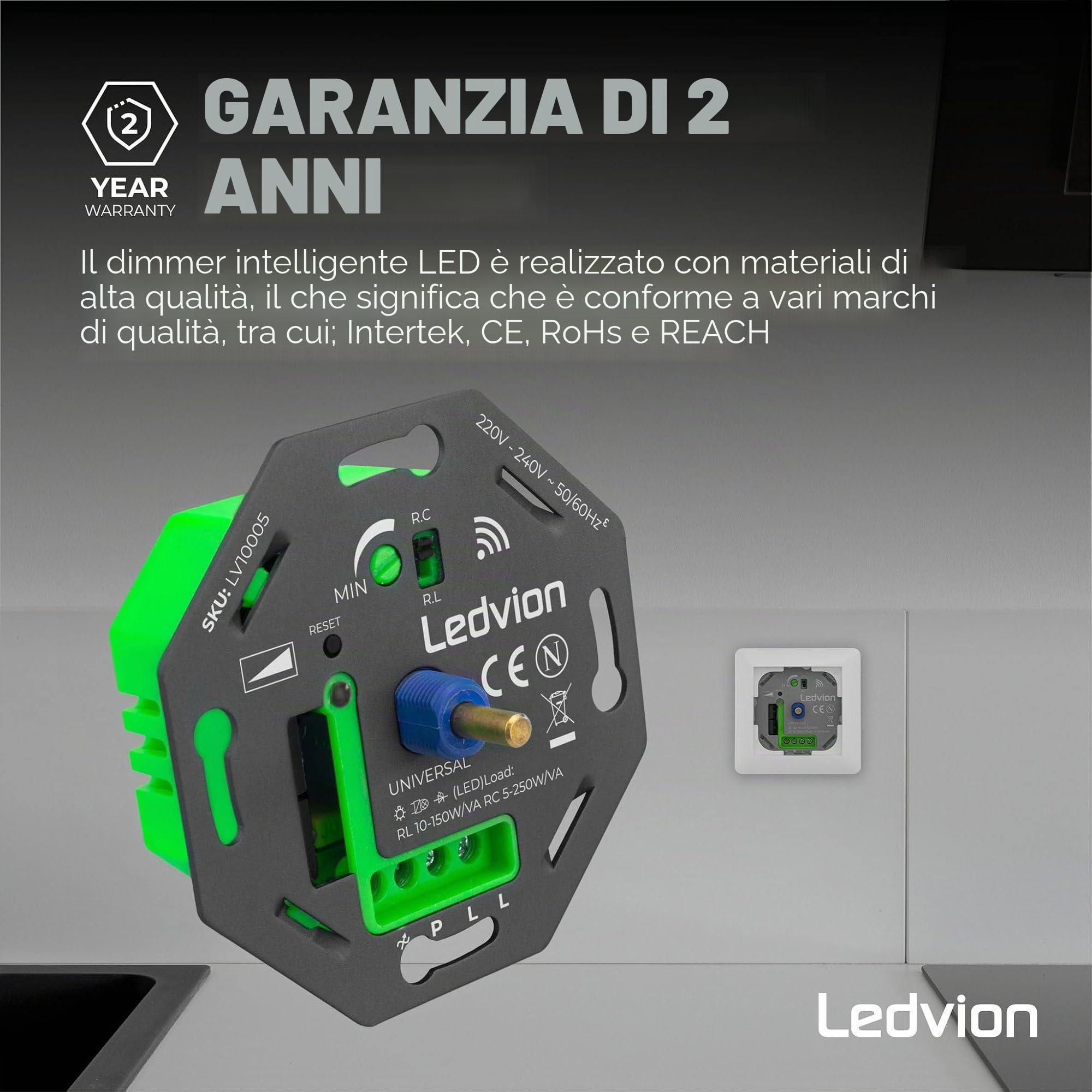 Ledvion - Interruttore Intelligente LED, LED 5-250W, Senza Copertura, Taglio di Fase, Dimmer Rotativo da Incasso, Variatore Rotativo LED
