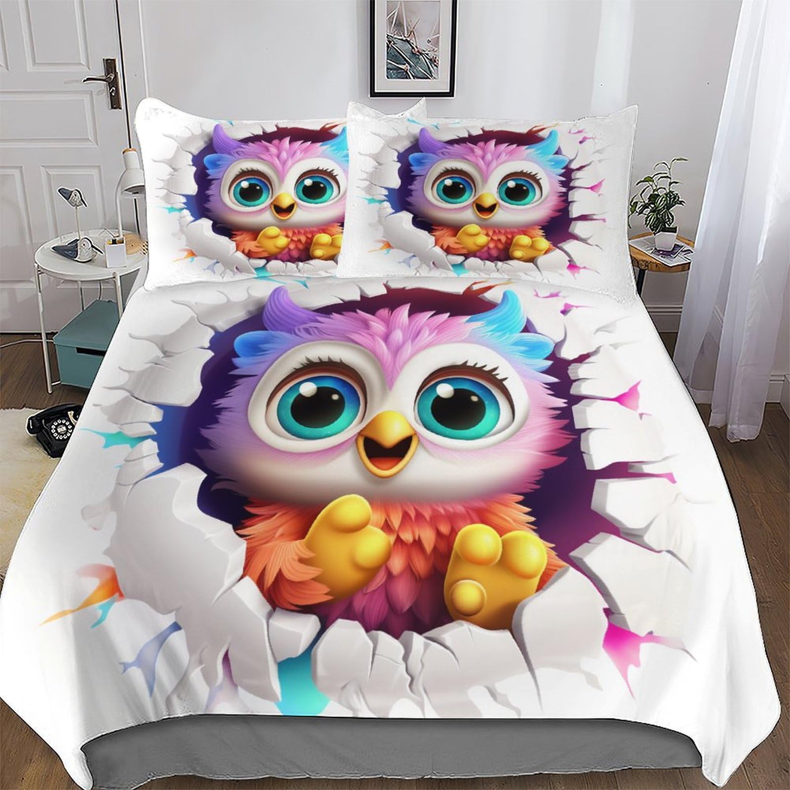 Housse de couette hibou parure de lit microfibre premium toucher soie 220x240