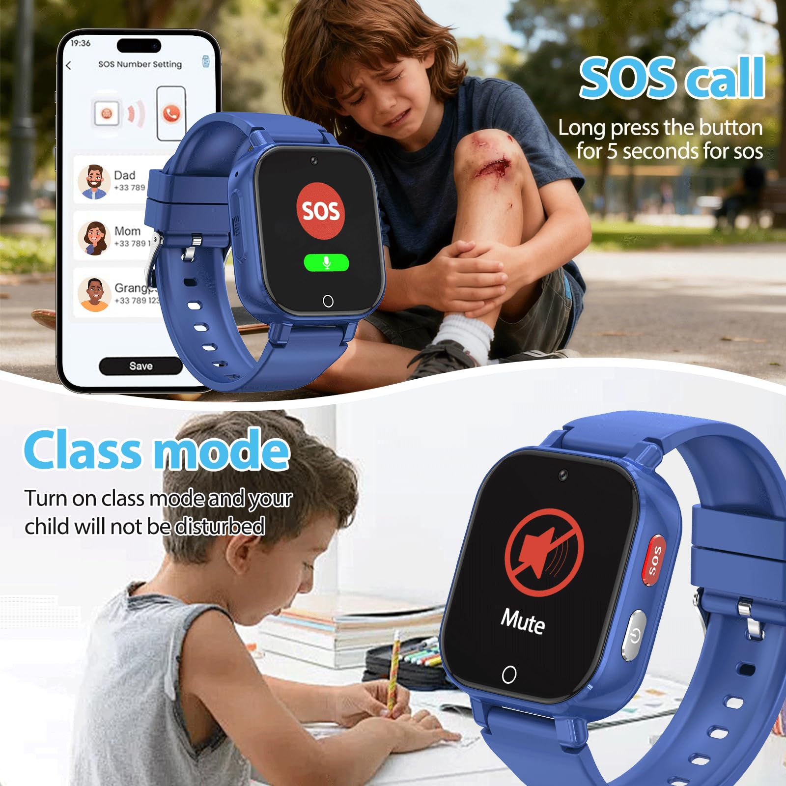 Alutoria Reloj Inteligente niños-Reloj con GPS y Llamadas 4G | Videollamadas Chat de Voz Mensajes SOS WiFi Juegos Podómetro-Reloj Smart Watch Niños Regalos 4-13 Azul