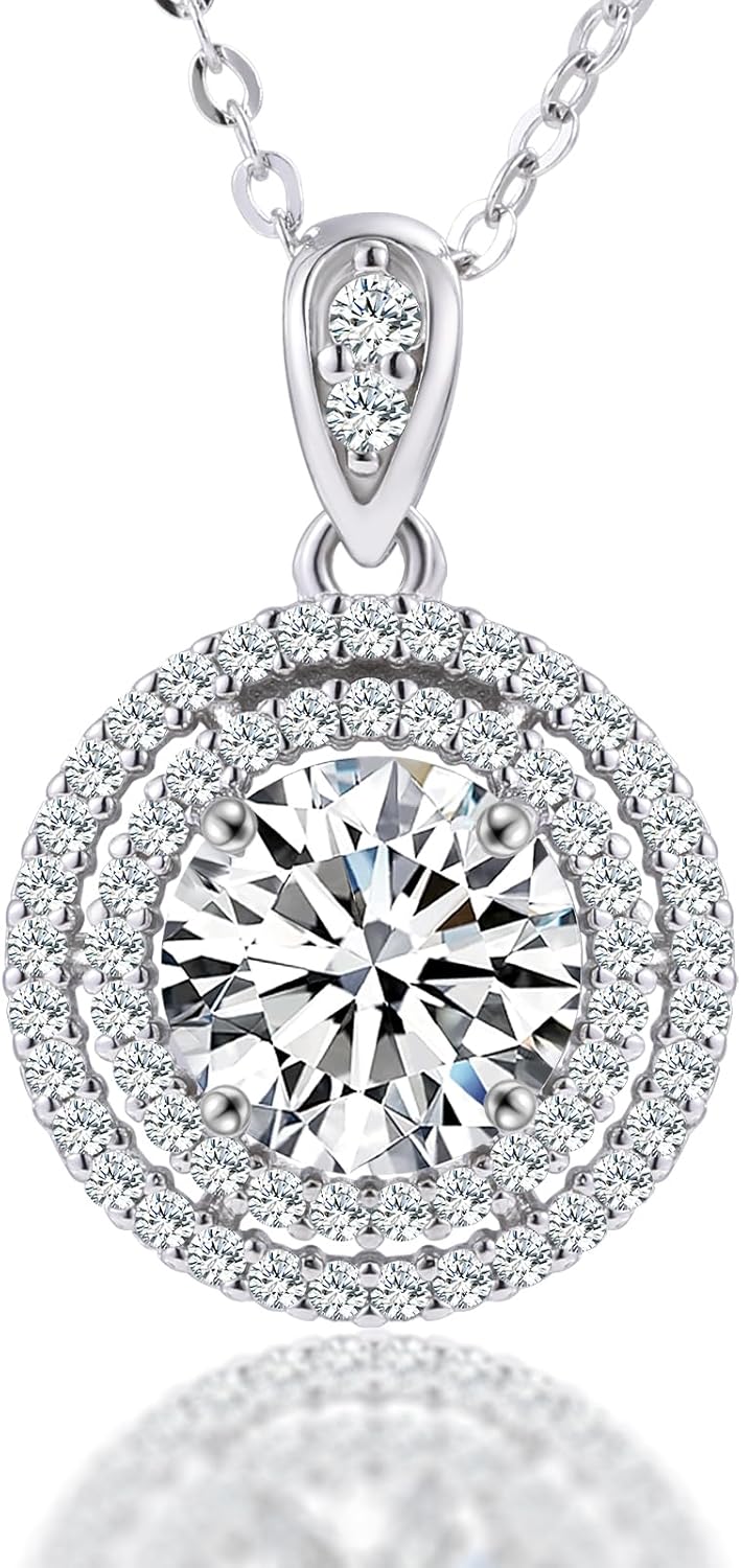 Moissanite Diamond Pendant Necklace for Women, 1-2CT Halo Round Heart Moissanite Diamond Necklace, 18+2 Inches Sterling Silver Lab Grown Diamond Necklace, Anniversary Birthday Jewelry Gifts for Women