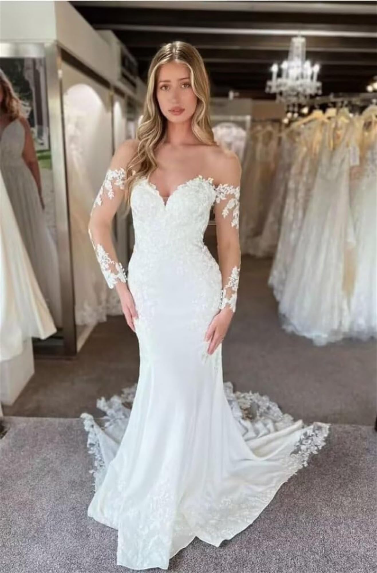 Meerjungfrauen Spitzen Brautkleider Off The Shoulder Boho Beach Hochzeitskleider Braut Spitzen Langarm Hochzeitskleider