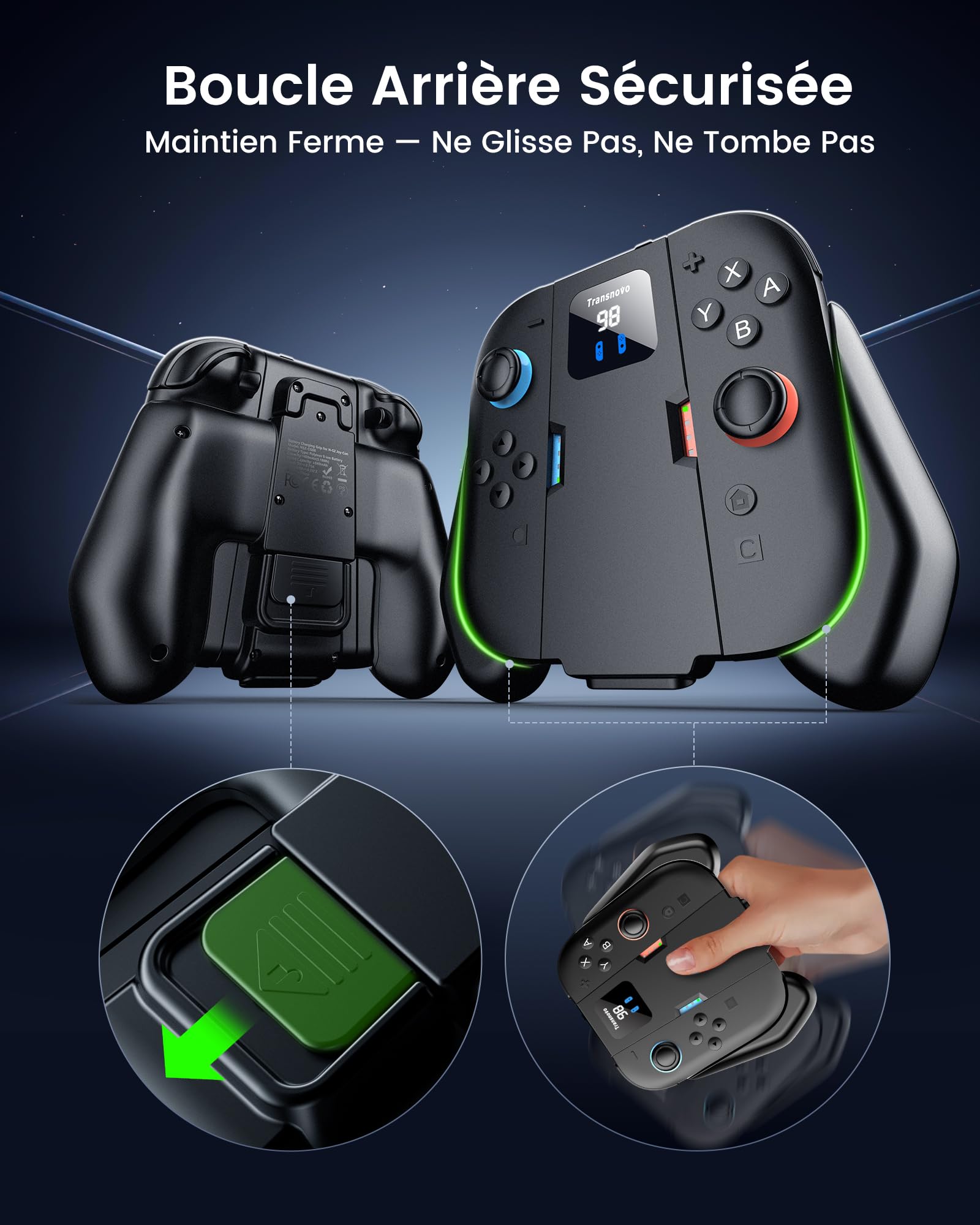 TRANSNOVO Poignée de Charge Joy Con 2 Compatible avec Switch 2 Manettes, Support de Recharge Magnétique avec Câble, Indicateur LED, Prise Ergonomique Antidérapante (Noir, 1400 mAh)