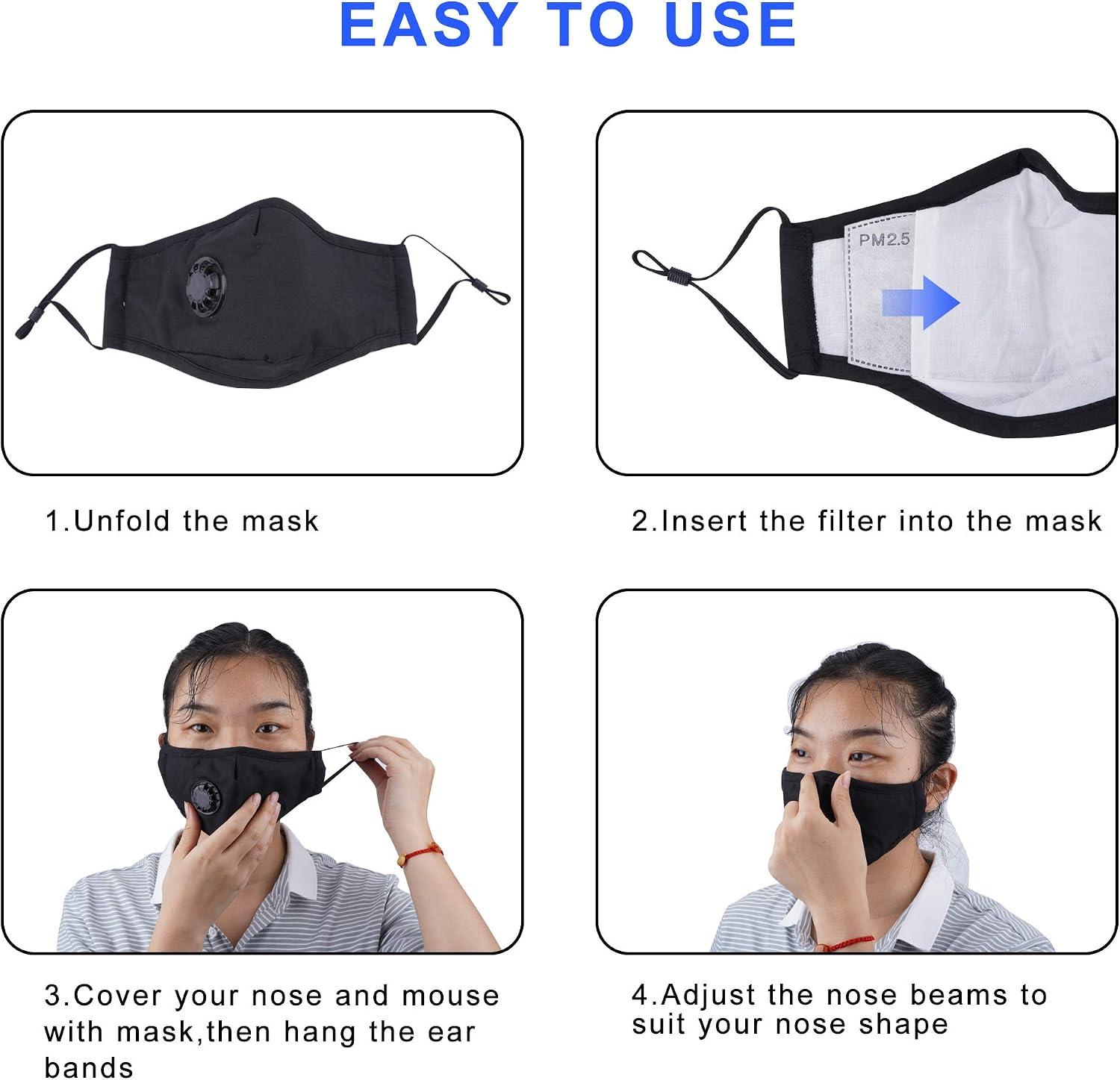 2 Pack Cotton Cover with Valve, Reusable Washable Cloth Cover with 4 Pcs Filters and Adjustable Ear Loops for Women and Men - Black