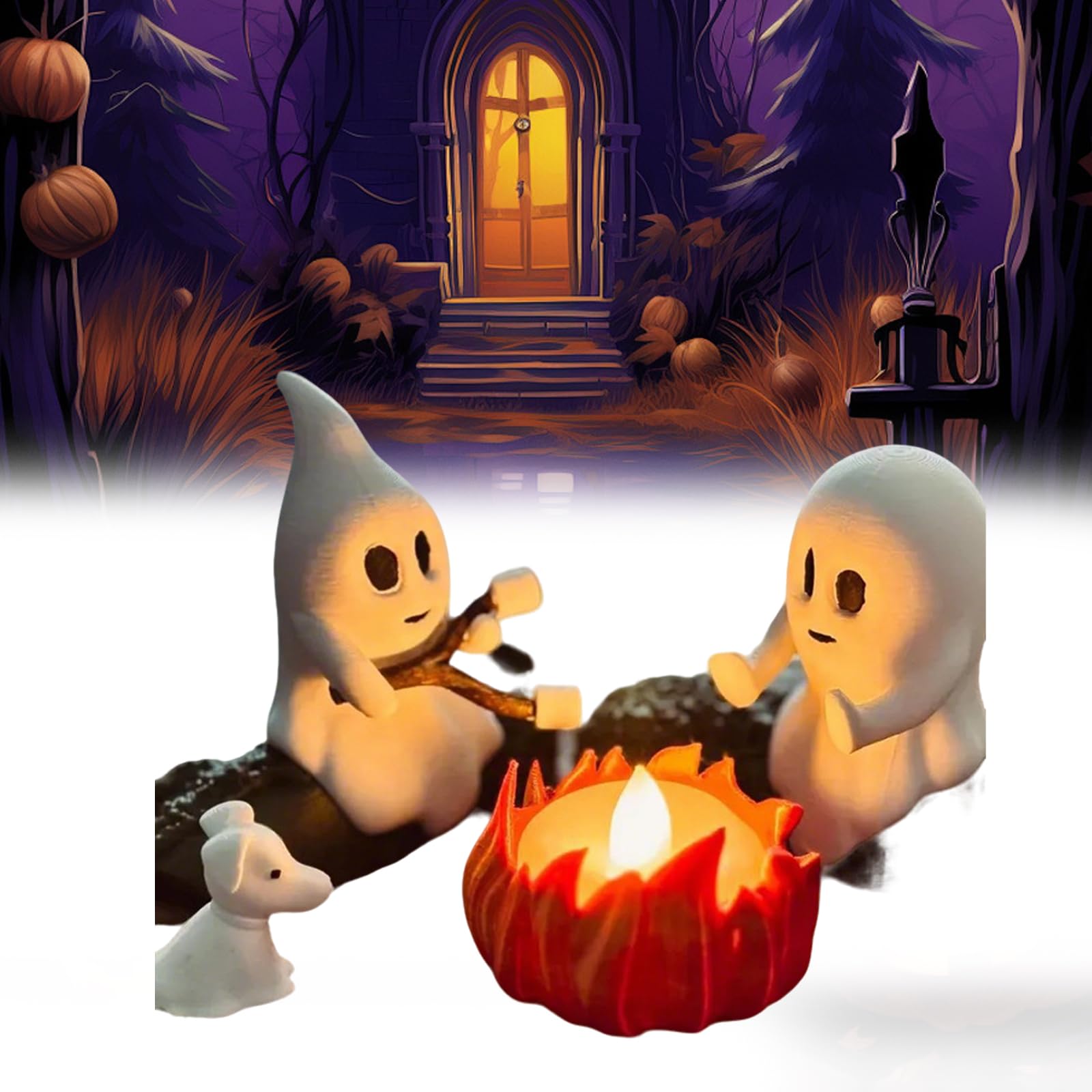 Ghost Campfire Gathering, Ghost Campfire Nightlight, Halloween Nightlight, 3D Printed Ghosts Campfires,Cute Cozy Spooky Statue Halloween Decorations,Funny Halloween Decor for Home Mantel or Desk (Dog)