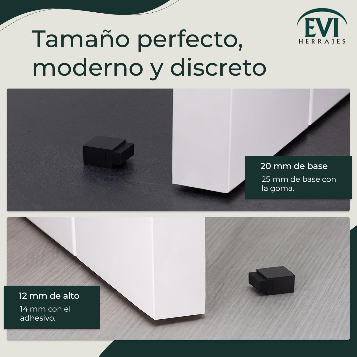 EVI Herrajes | Tope para Puerta de Suelo - Diseño Cuadrado | 20x14mm | Acero - Lacado Negro | Montaje Adhesivo| I-197/14