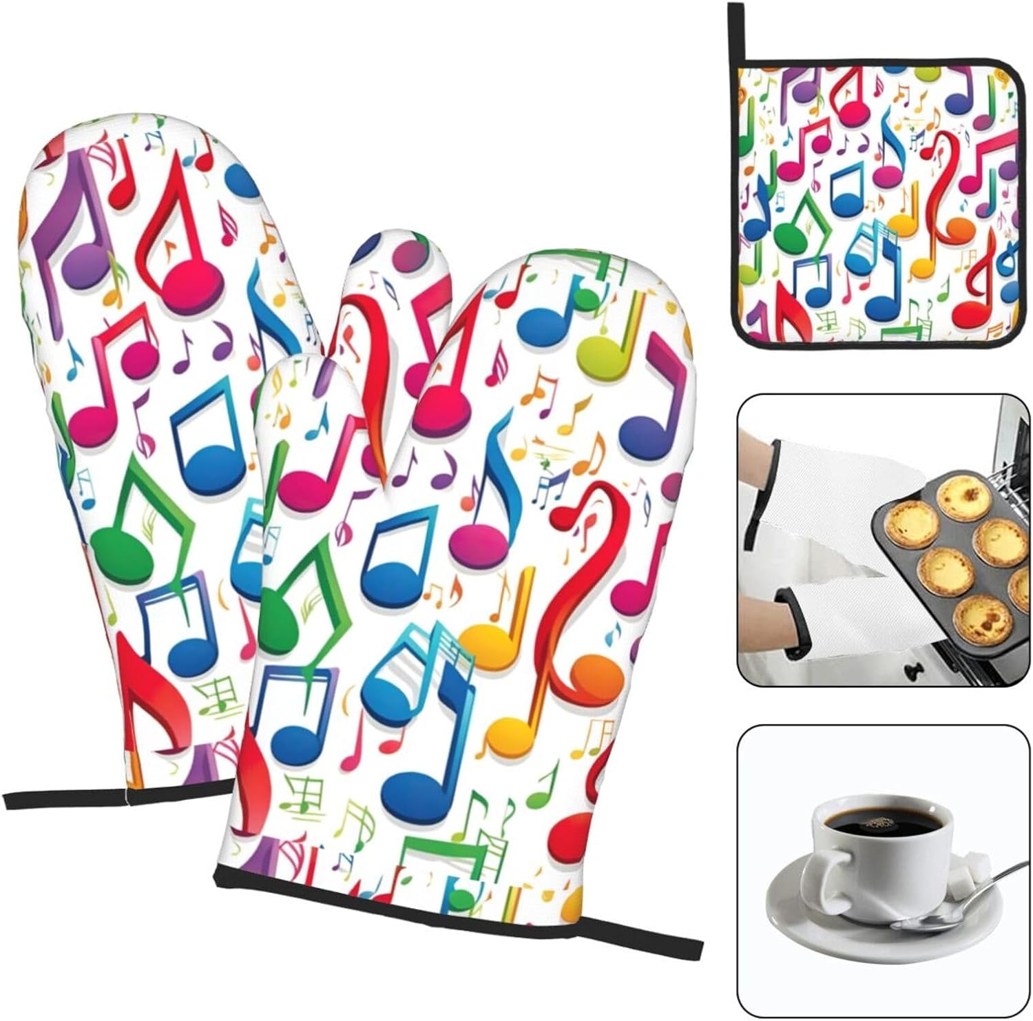 Colorful Music Notes 1 Print Heat Resistant Microwave Gloves, Used for Baking, Cooking, and Fashion Kitchen Essentials