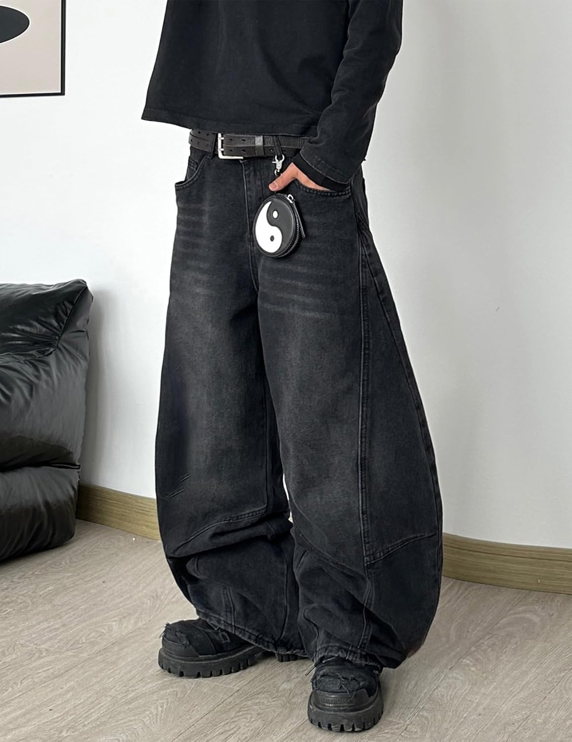 Mens Baggy Jeans Mid Waist Washed Denim Pants Irregular Sutures Trousers Wide Leg Jeans with Pockets - Image 5