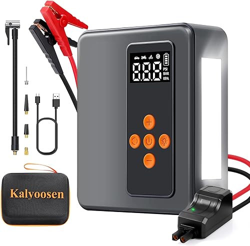 Kalyoosen Arrancador de salto con compresor de aire, batería de coche de 8000A 160PSI 32000mAh 12V, inflador de neumáticos (todo gasolina16L