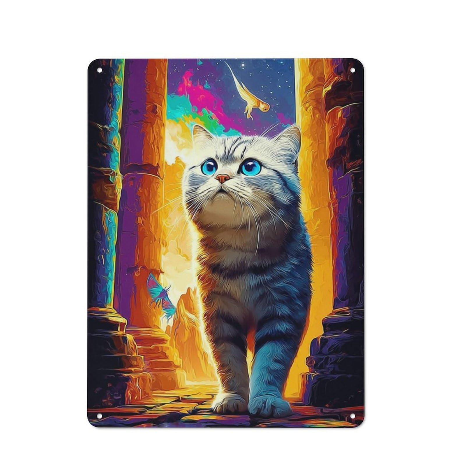 Junmoney Magical Cat In Vibrant Portal Rustic Tin Wall Plaque 40X30cm For Kitchen Or Home Bar, A Winter Wall Decor Update For Kitchen Decor Lovers