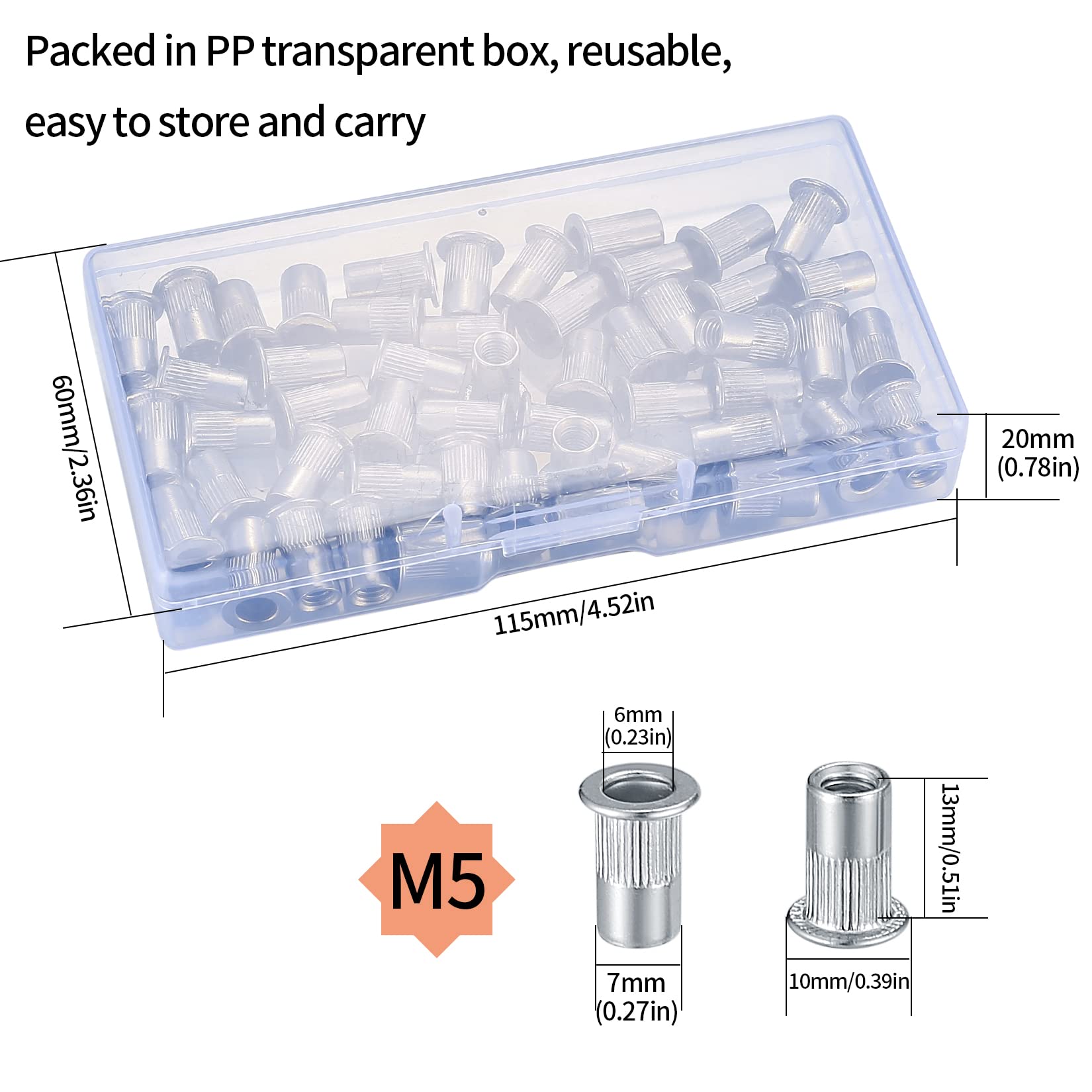 Dadi For Rivetti Ciechi, Inserti Filettati, Testa Svasata Aperta, Kit Da 175 Pezzi M3 M4 M5 M6 M8 M10 In Acciaio Al Carbonio Zincato. Dado A Testa Piatta - Foto 4