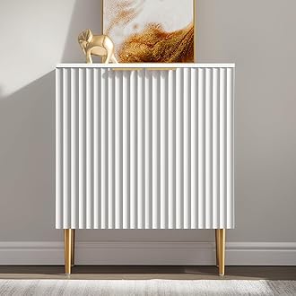 SICOTAS Fluted Sideboard Buffet Cabinet - Modern Credenza Storage Cabinet with 2 Doors & Adjustable Shelf, Space-Saving Console Coffee Bar Table for Living Room, Kitchen, Entryway, Hallway, White