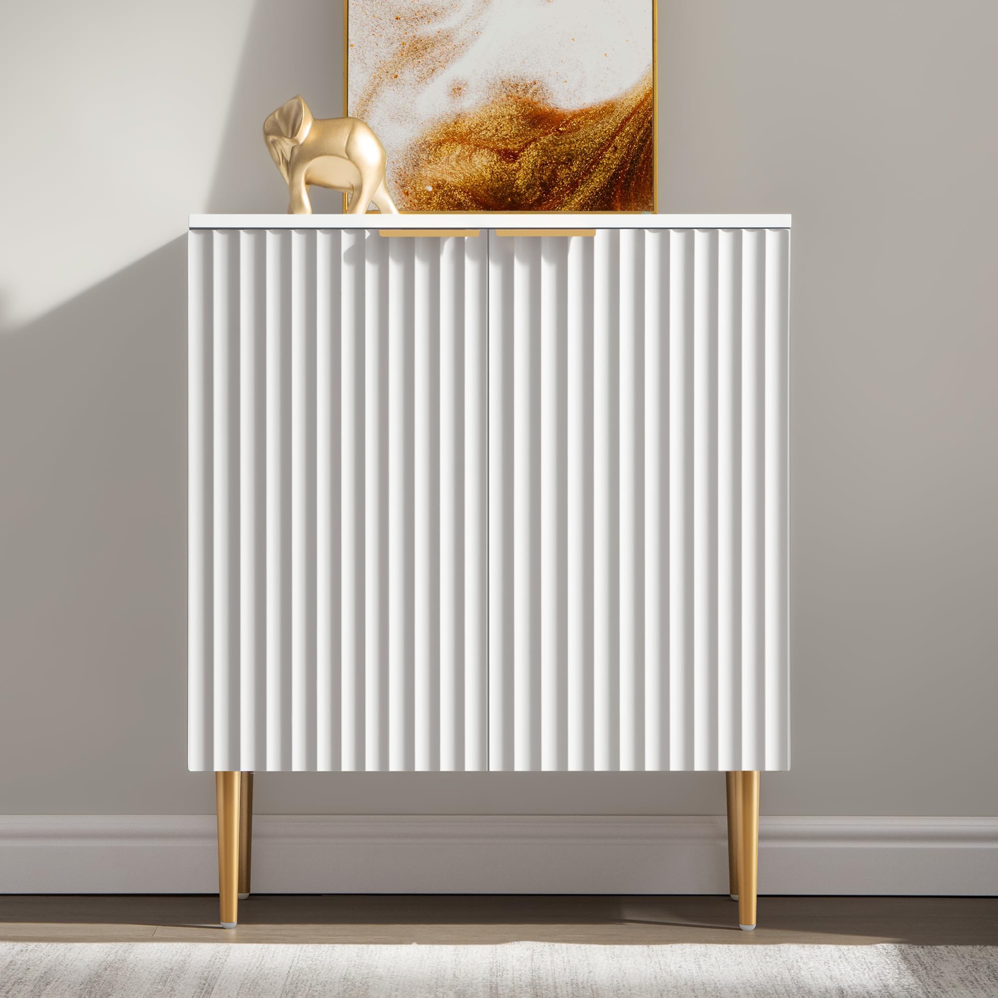 SICOTAS Fluted Sideboard Buffet Cabinet - Modern Credenza Storage Cabinet with 2 Doors & Adjustable Shelf, Space-Saving Console Coffee Bar Table for Living Room, Kitchen, Entryway, Hallway, White