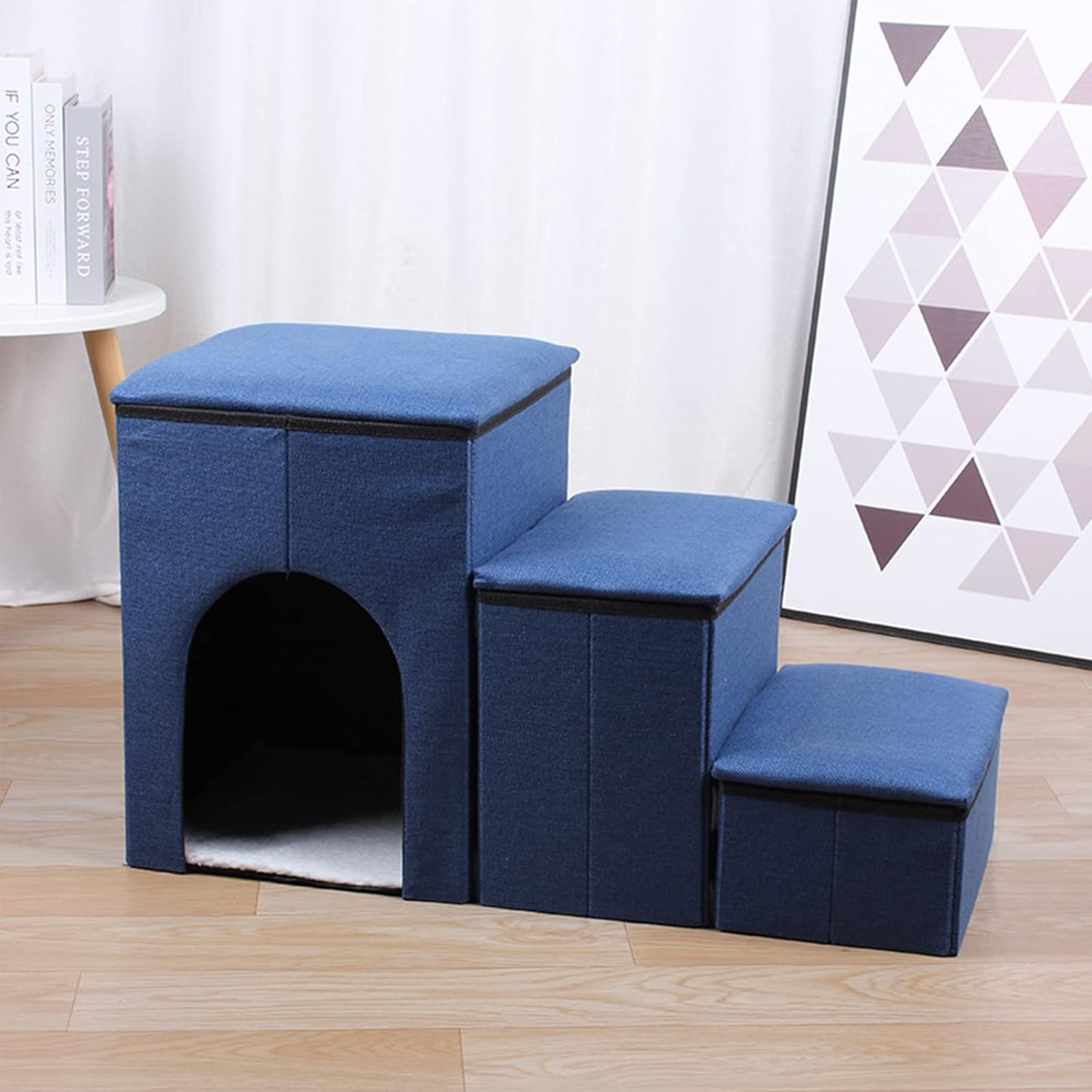 Foldable Dog Stairs with Toy Storage Boxes, Folding Dog Step with Lounge Condo for Couch,Car,Home,3 Steps Non-Slip Dogs Stair for Small to Medium Dog and Pet,Blue